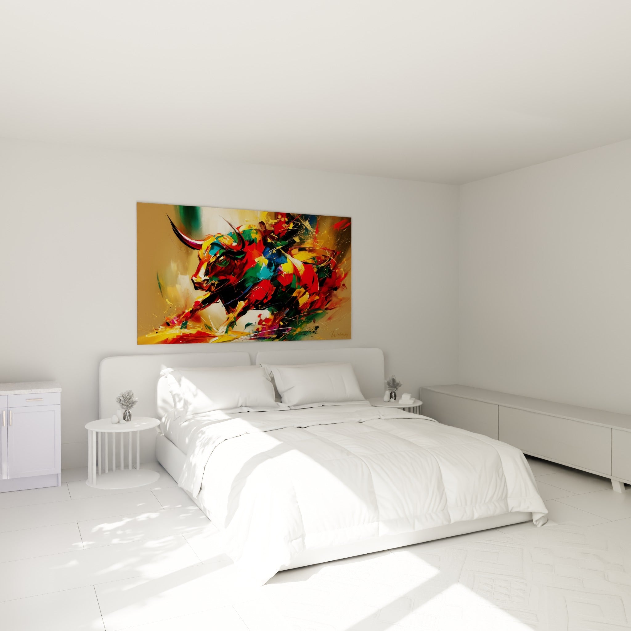 Museau blanc et cornes acérées du taureau écarlate, accroché au-dessus d'un lit dans une chambre claire