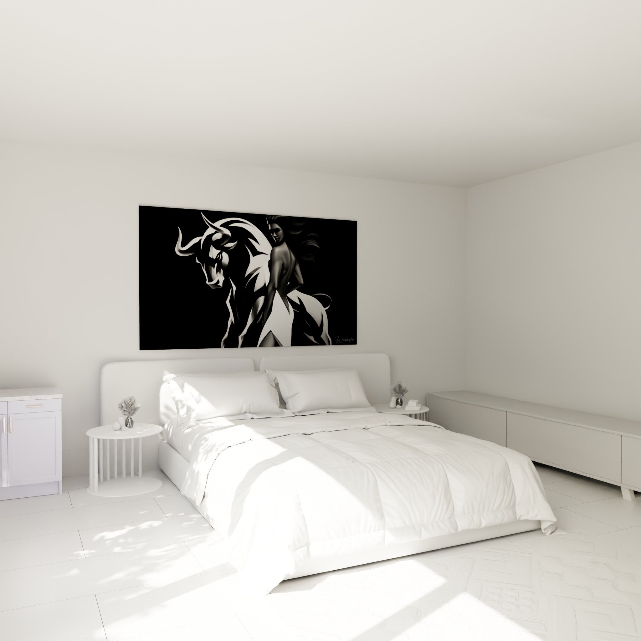 Silhouette taureau noir et blanc aux formes anguleuses, accrochée au-dessus d'un lit dans une chambre claire