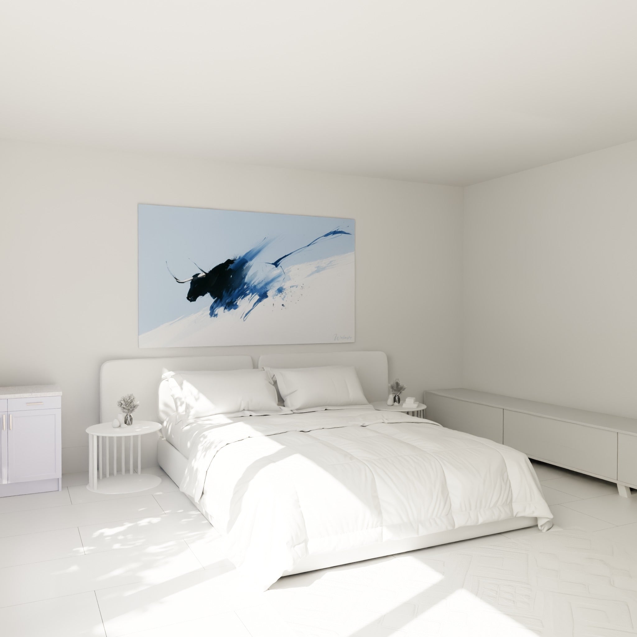 Silhouette noire du taureau en charge, traits bleu marine, au-dessus d'un lit dans une chambre claire