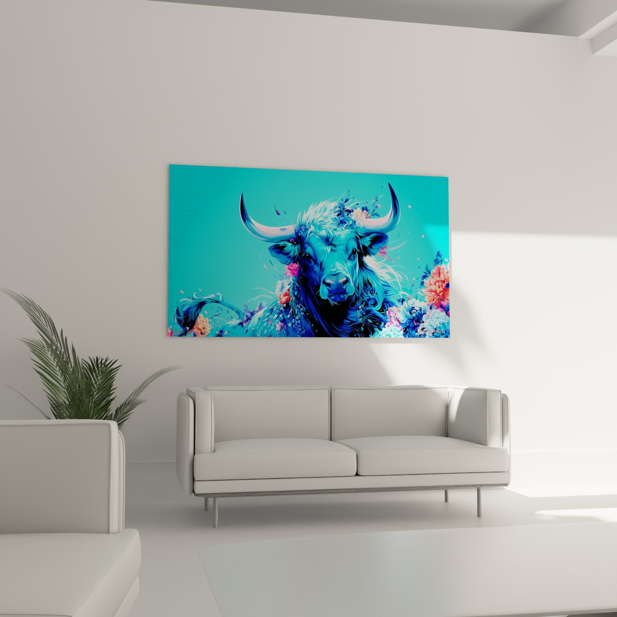 Cornes blanches et pivoines corail du taureau turquoise au-dessus d'un canapé dans un salon lumineux