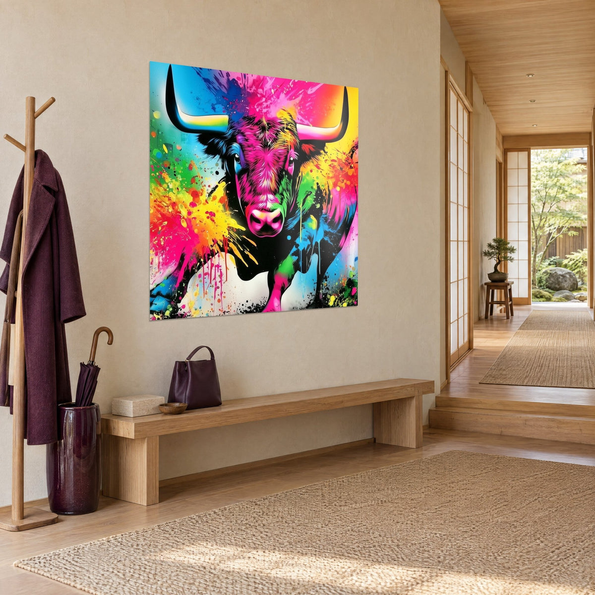 Wall art of a bovine with ivory and black horns, magenta-pink face edged with yellow and blue splashes, hung in the japandi entryway, three-quarter view