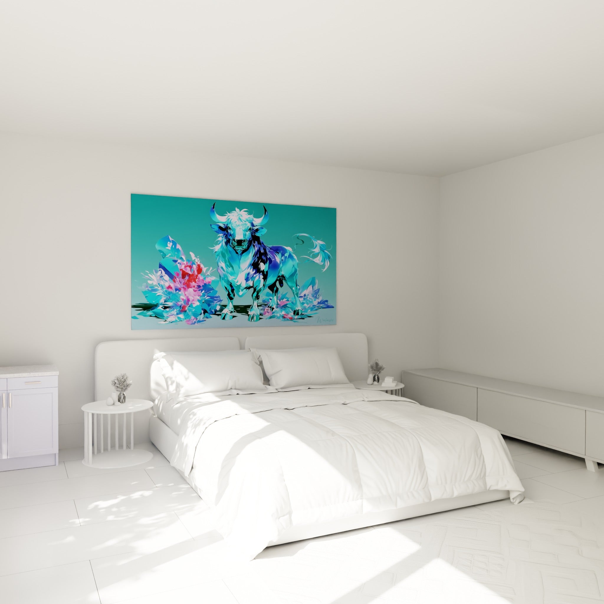 Cornes larges et pelage turquoise éclatant de ce taureau cristallin, accroché au-dessus d'un lit dans une chambre claire