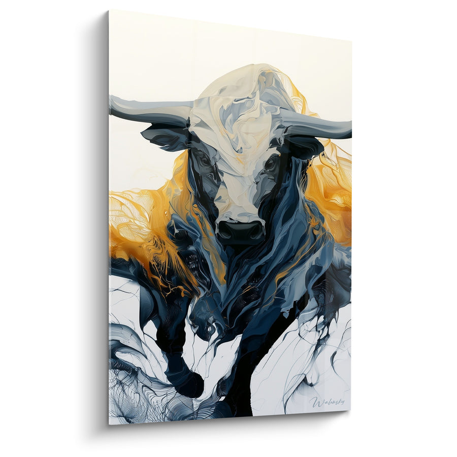 Tableau Longhorn ivoire et bleu nuit aux volutes d'encre - Museau noir cerné - Edition Taureau