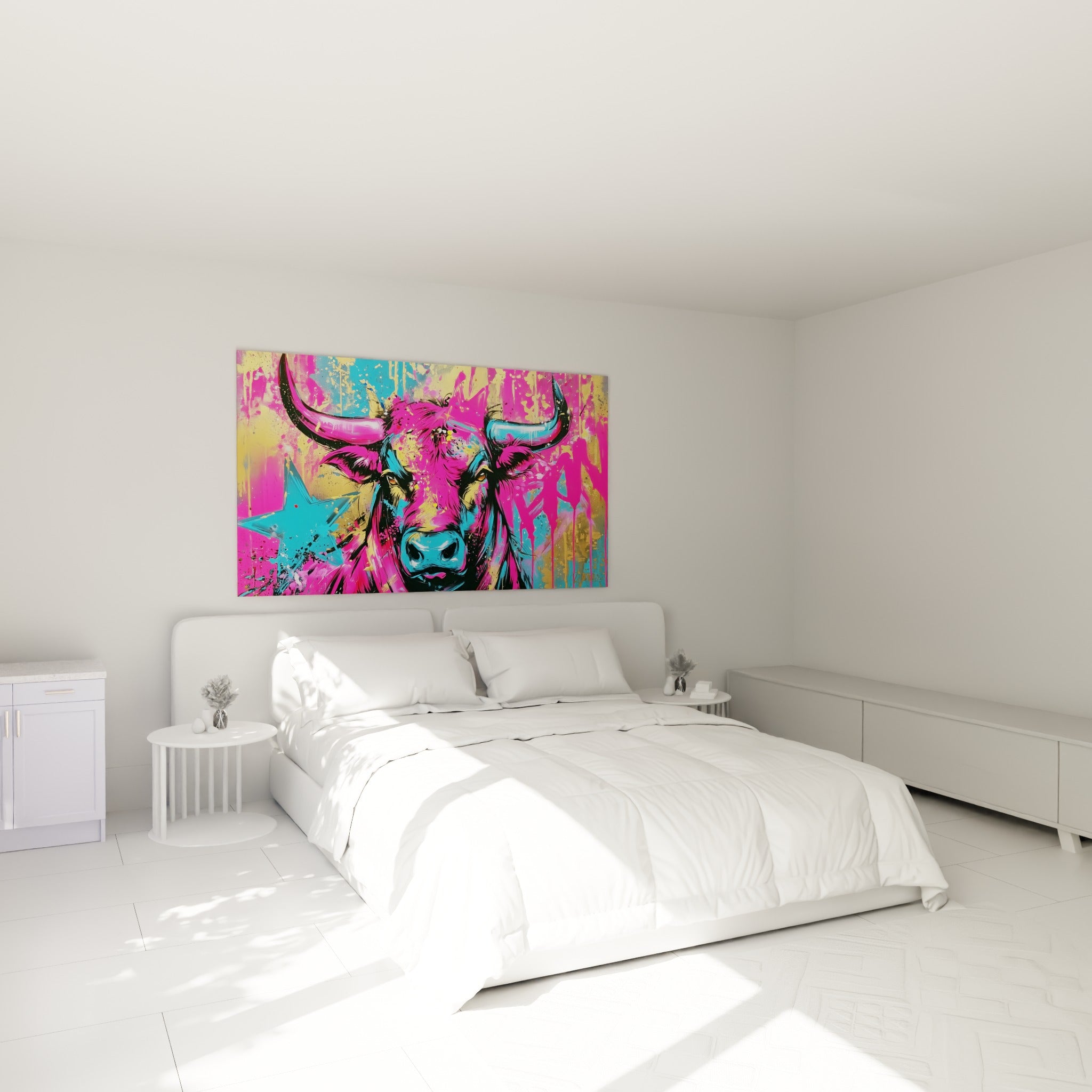 Cornes bleu turquoise et visage fuchsia du Taureau, œuvre placée au-dessus d'un lit dans une chambre claire