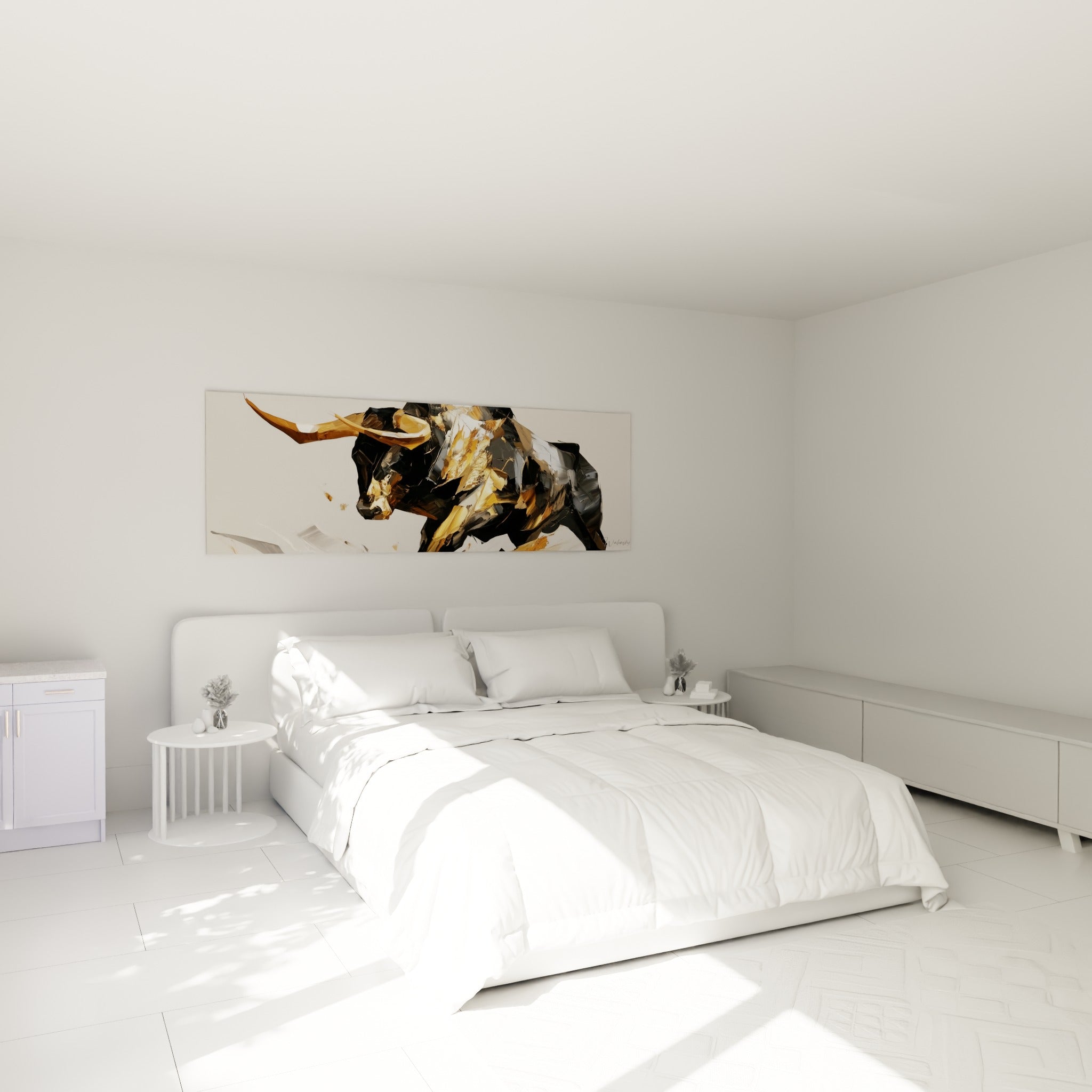 Charge fragmentée dorée et noire du Taureau, accrochée au-dessus d'un lit dans une chambre claire