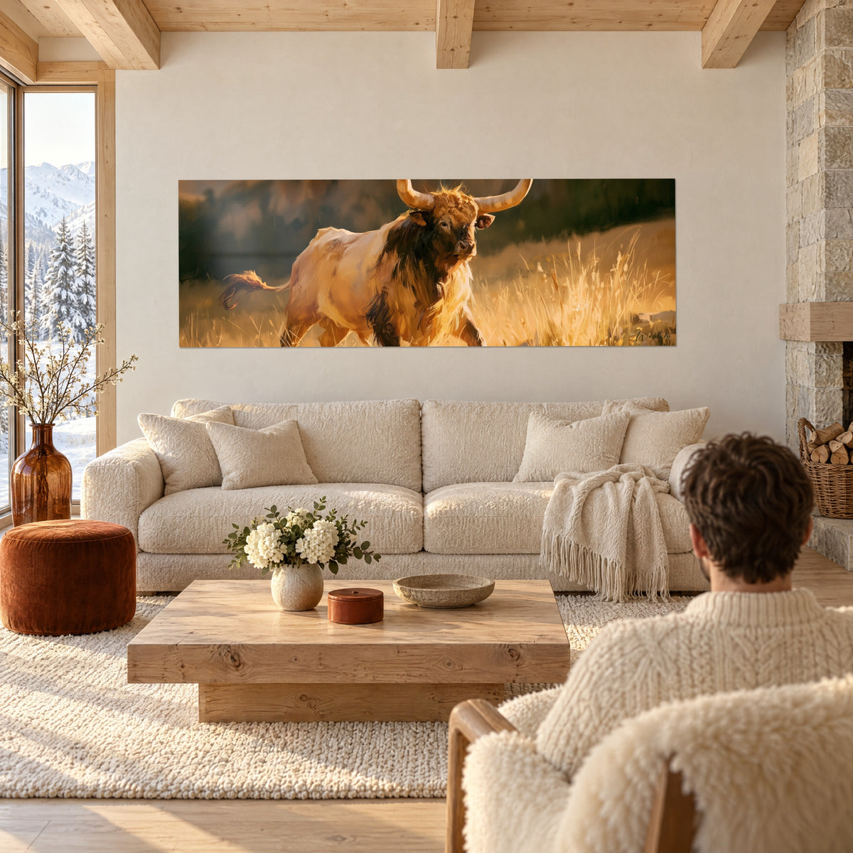 Tableau taureau longhorn aux grandes cornes crème avançant dans l'herbe dorée, au-dessus d'un canapé dans un salon lumineux