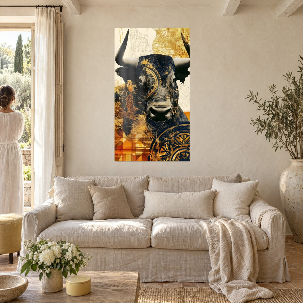 Quadro di un toro di fronte con corna d'avorio, rosone dorato su fondo blu navy, sopra un divano in un soggiorno luminoso