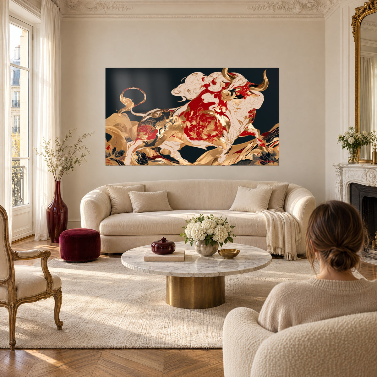 Wall art golden bull charging at full gallop, ivory mane and red peonies on a night-black background, above a sofa in a bright living room