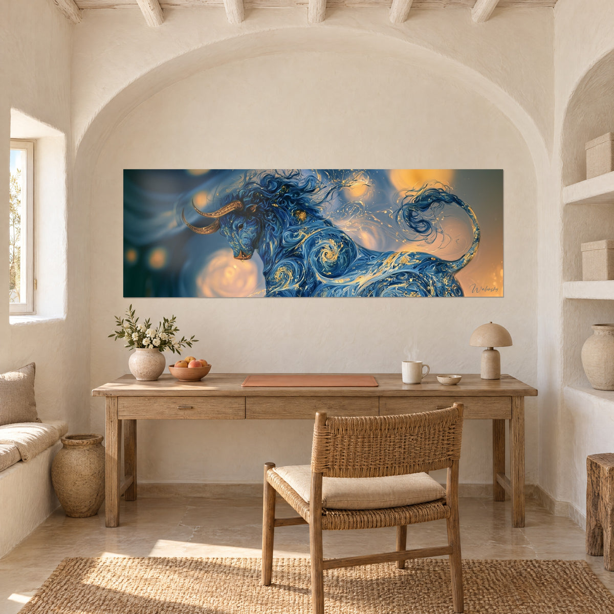 Wall art fantastical buffalo in blue and gold with wavy curls, honey-yellow halos, hung under an arch above a wooden desk