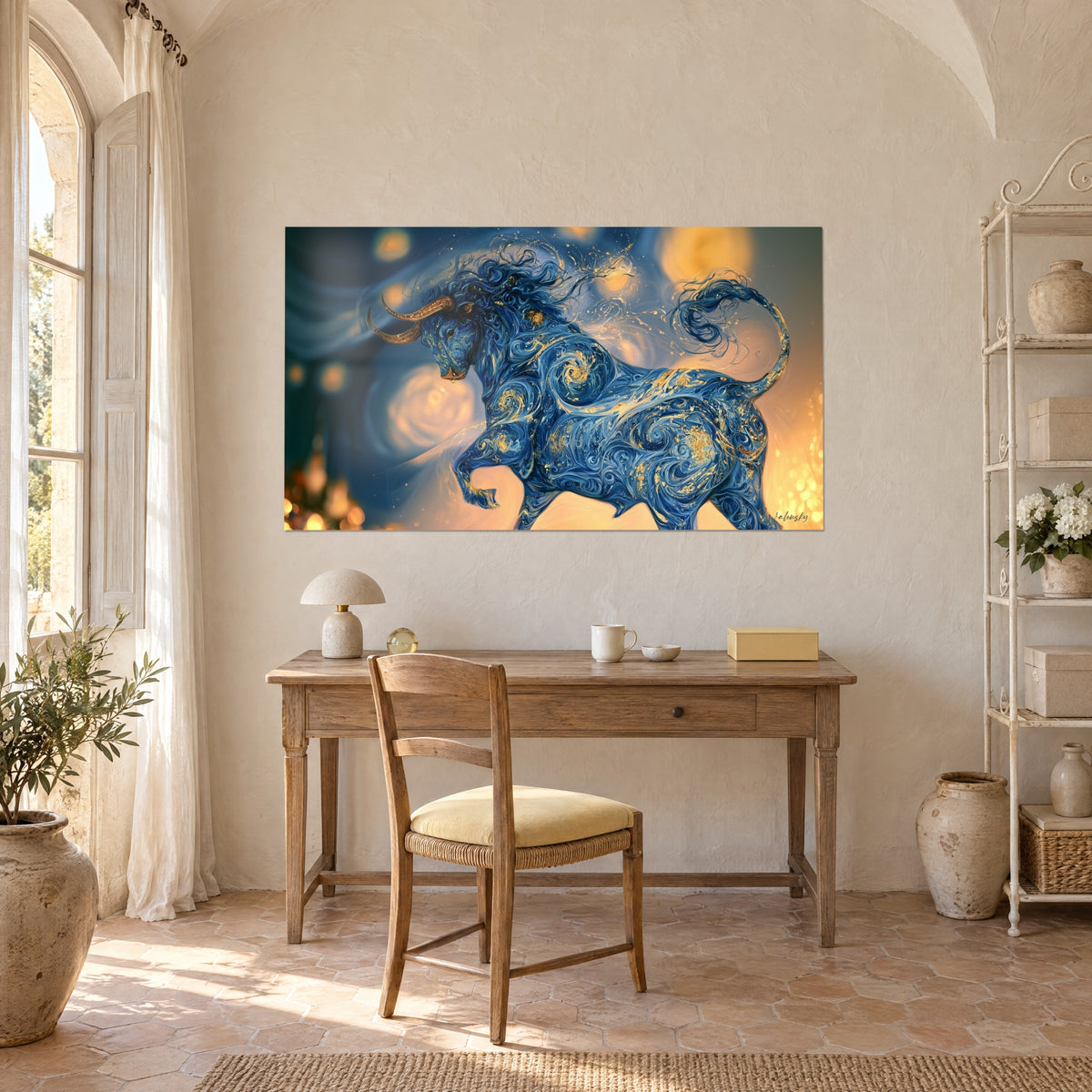 Quadro forza celeste, toro blu navy con turbini d'oro, aloni gialli, sulla parete di una scrivania in legno accanto a una libreria