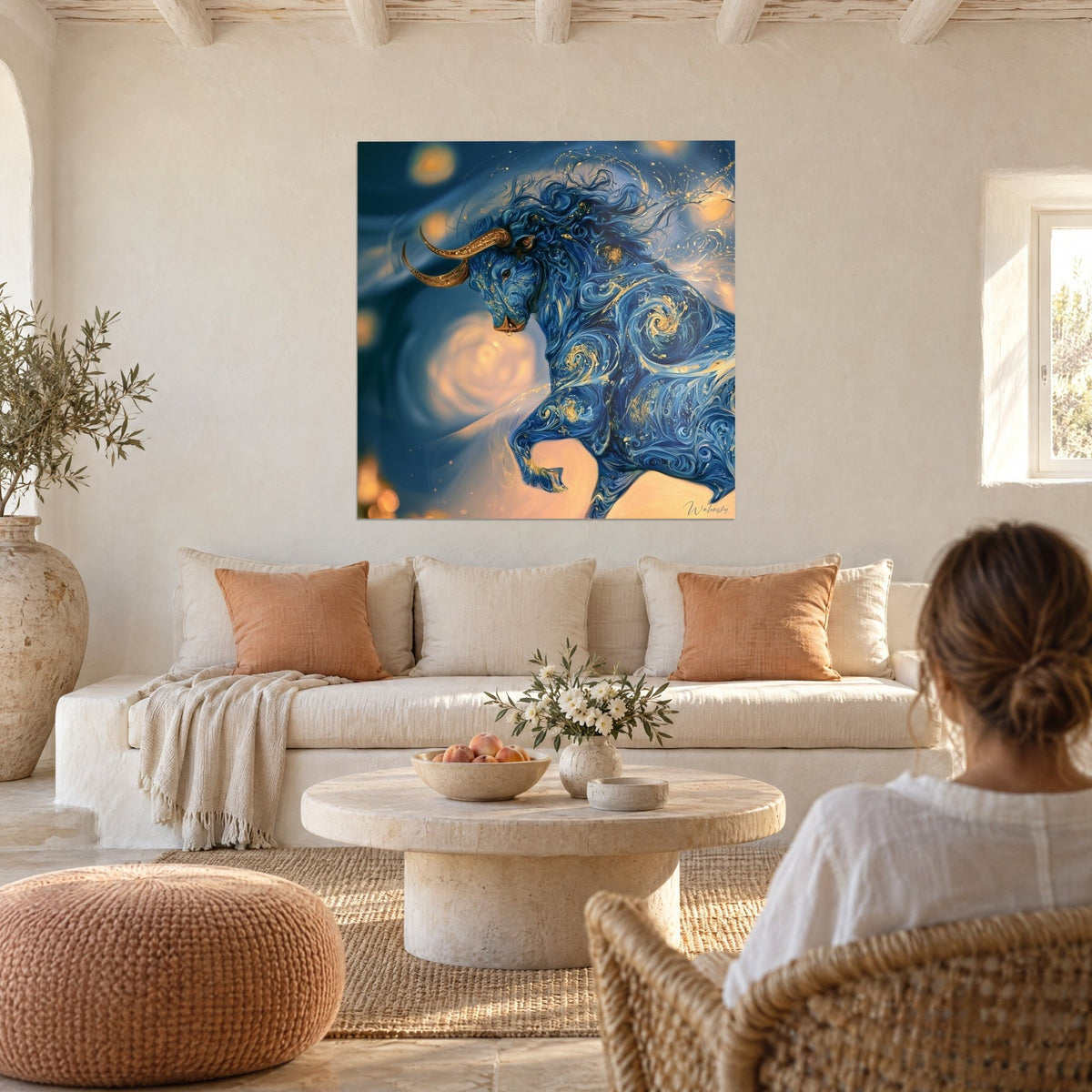 Gemälde Stier in Marineblau mit goldenen Schnörkeln, kupferfarbene Hörner, sternenübersäter ockerfarbener Hintergrund, über einem Sofa in einem hellen Wohnzimmer