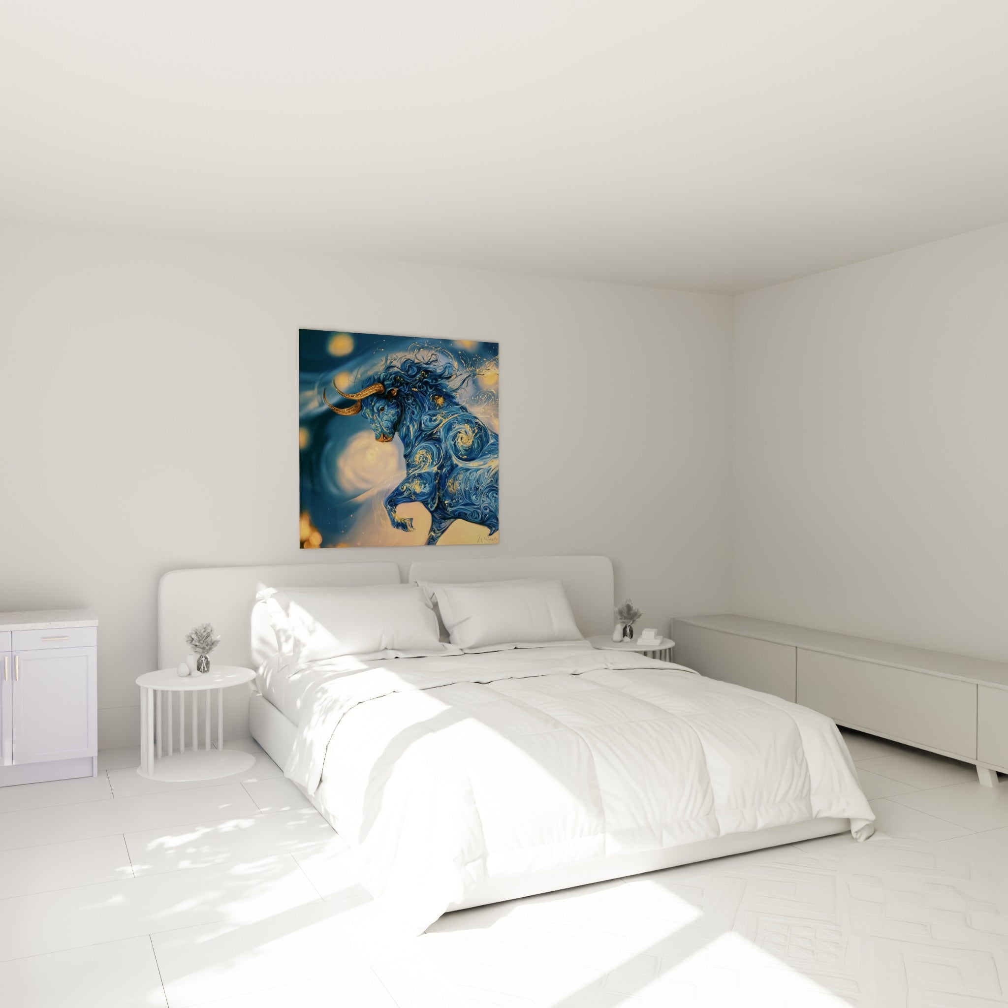 Cornes dorées et pelage bleu marine tourbillonnant, au-dessus d'un lit dans une chambre claire