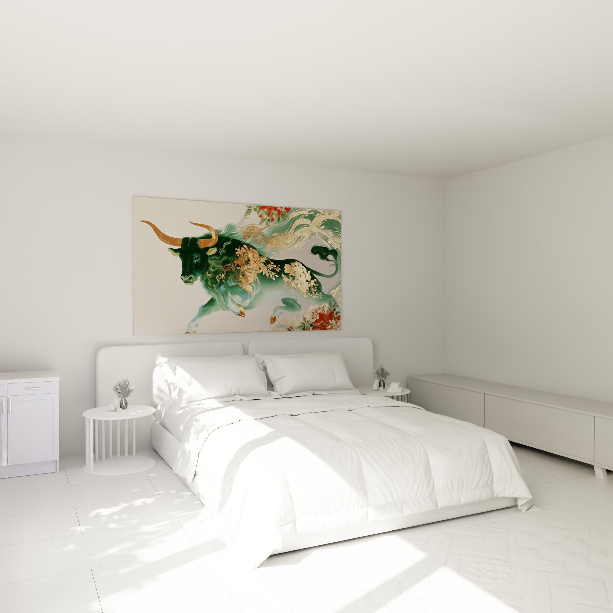Silhouette du taureau émeraude et doré accrochée au-dessus d'un lit dans une chambre claire