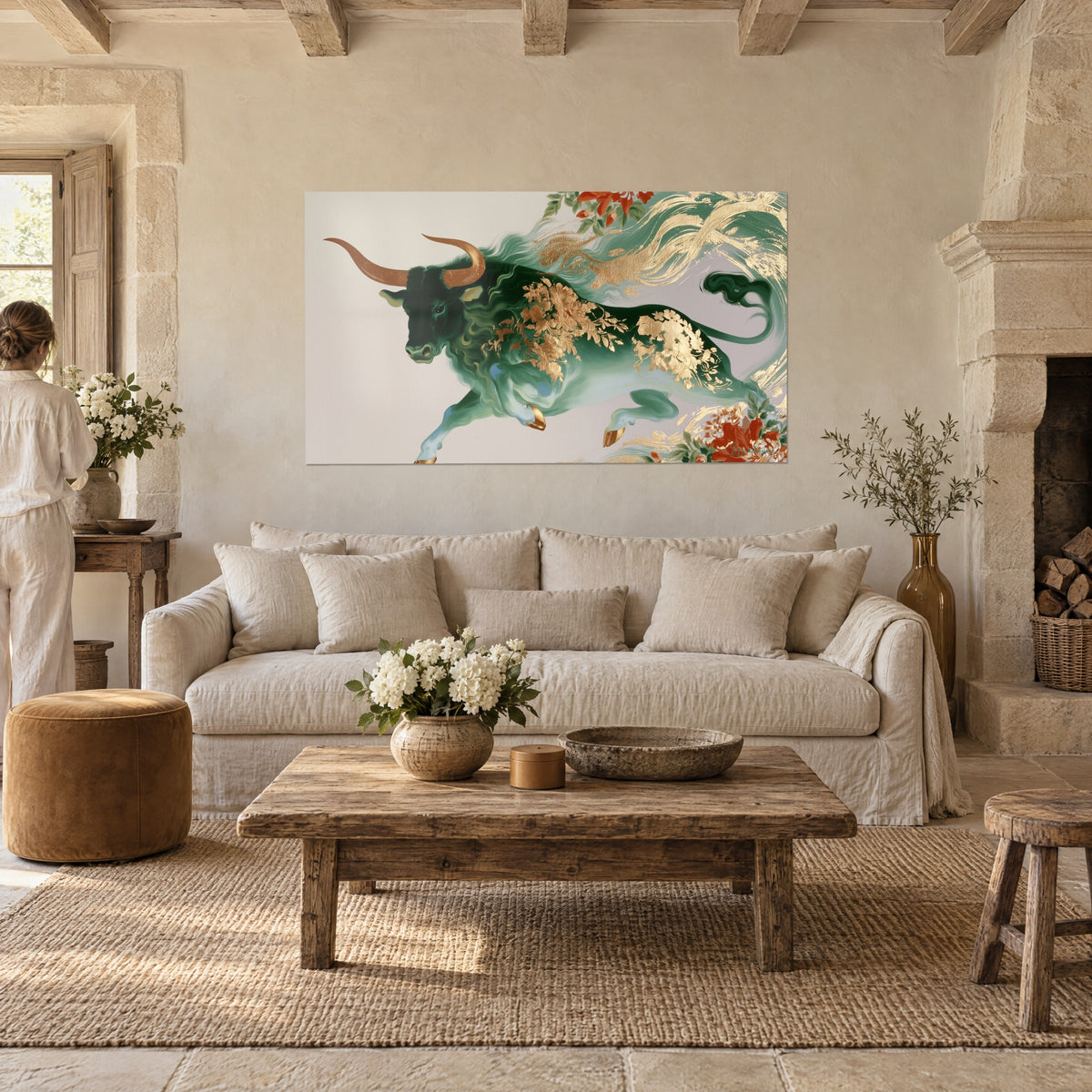 Tableau taureau émeraude bondissant, cornes cuivrées et feuilles d'or, fleurs rouges, au-dessus d'un canapé dans un salon lumineux