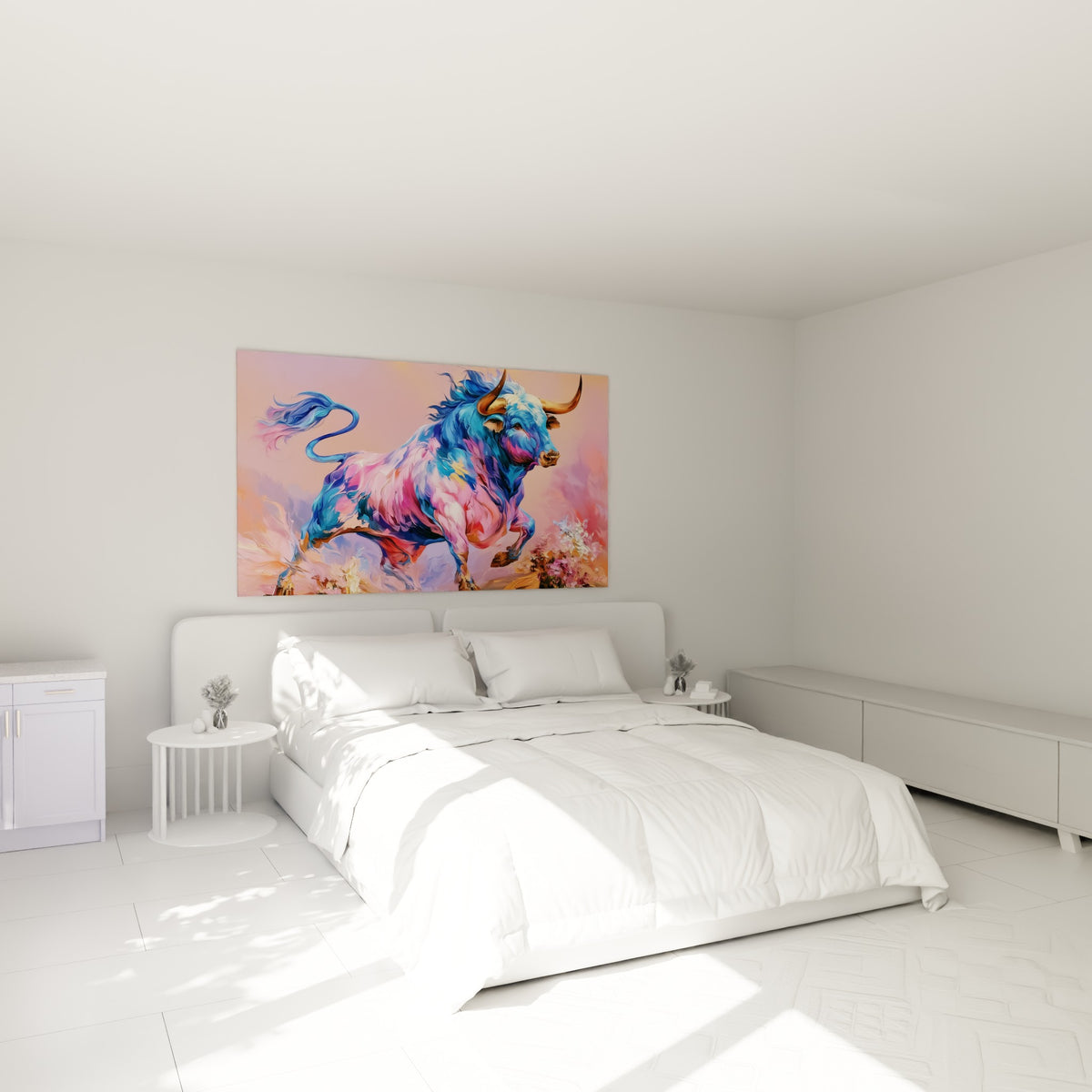 Animal fougueux aux teintes bleues et roses accroché au-dessus d'un lit dans une chambre claire