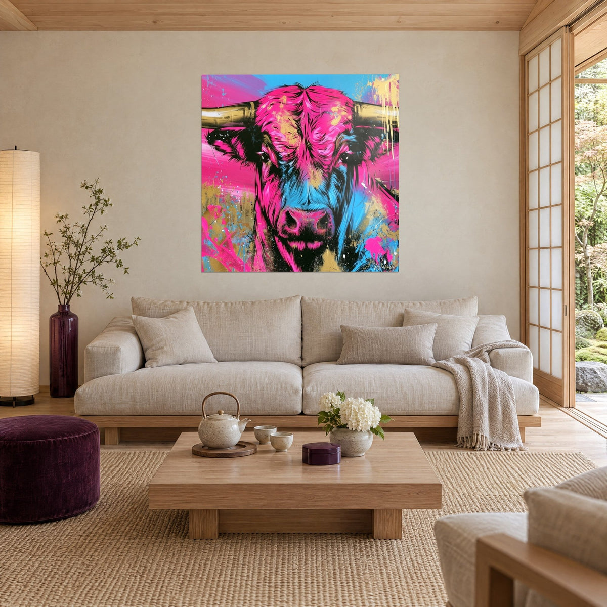 Quadro ritratto frontale di toro dal pelo rosa fucsia e muso azzurro cielo, corna dorate, sopra un divano in un soggiorno luminoso