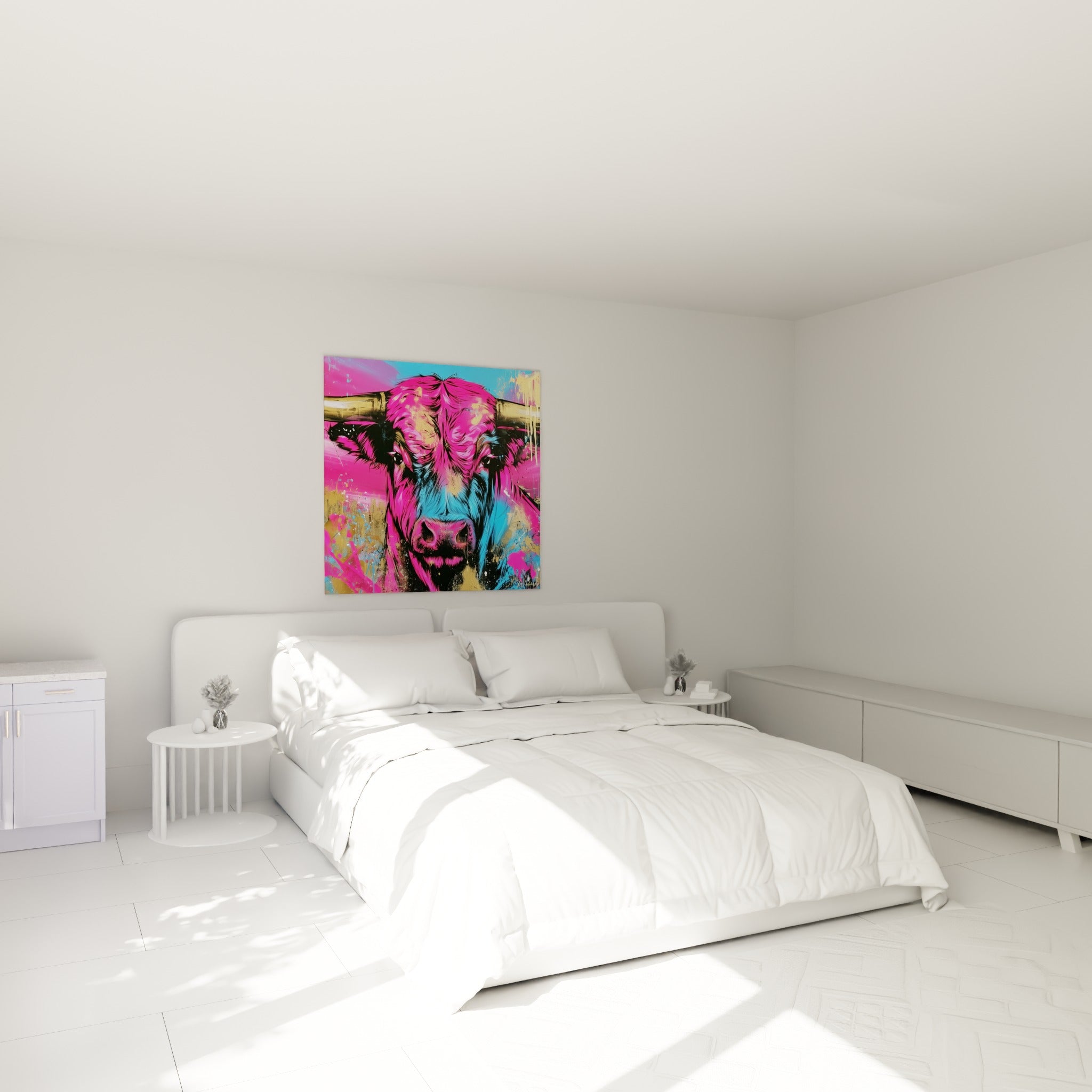 Museau bleu et pelage rose du taureau, coulures dorées, au-dessus d'un lit dans une chambre claire