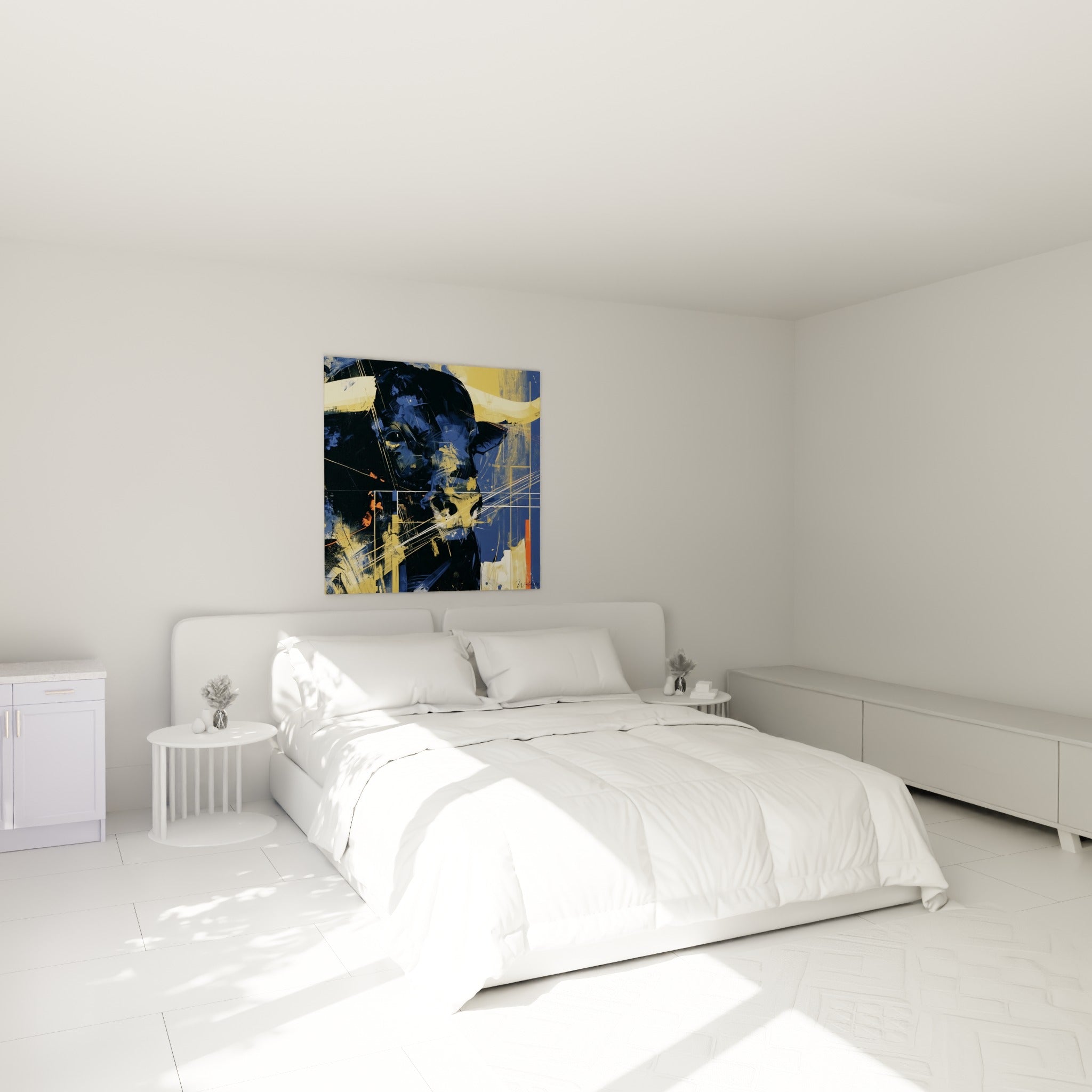 Silhouette de taureau bleu marine et orange au-dessus d'un lit dans une chambre claire