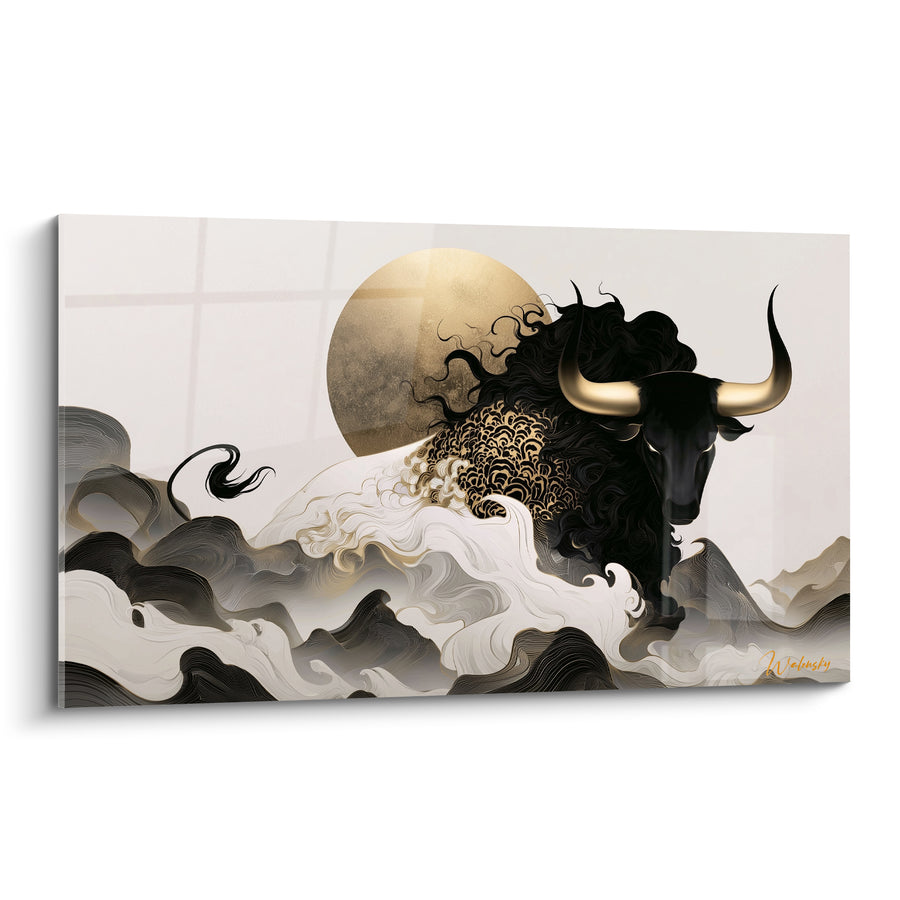 Tableau Taureau noir et blanc surgissant des vagues d'écume - Crinière ornée de motifs - Edition Taureau