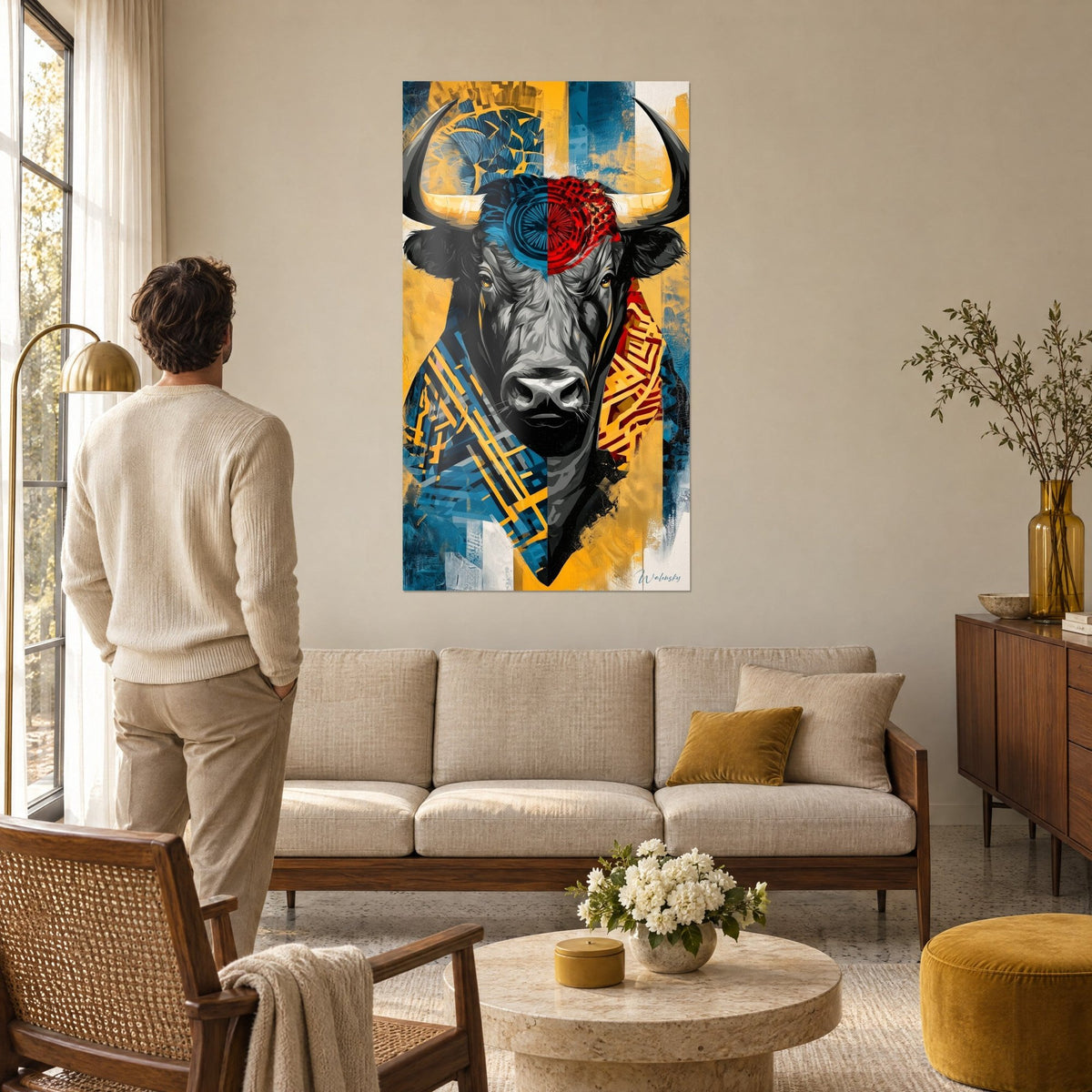 Quadro toro nero con corna d'avorio, motivi blu e rossi su fondo ocra, un uomo di spalle, sopra un divano in un soggiorno luminoso