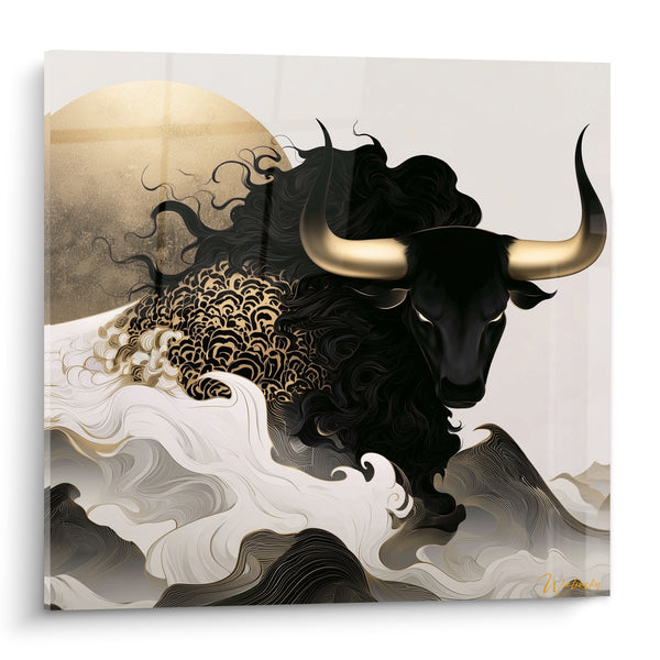 Tableau Taureau noir et doré émergeant des vagues stylisées - Lune dorée en fond - Edition Taureau