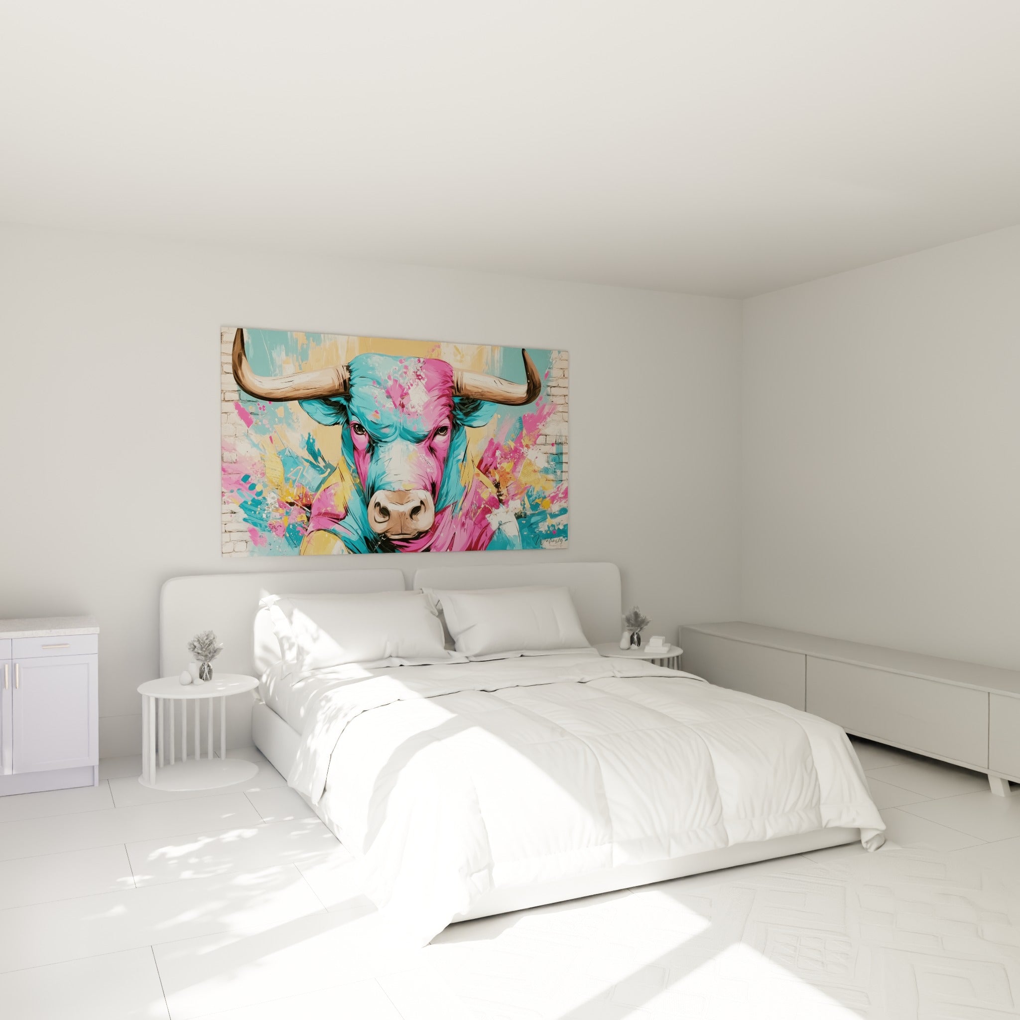 Cornes massives et pelage rose et turquoise du taureau, tableau accroché au-dessus d'un lit dans une chambre claire