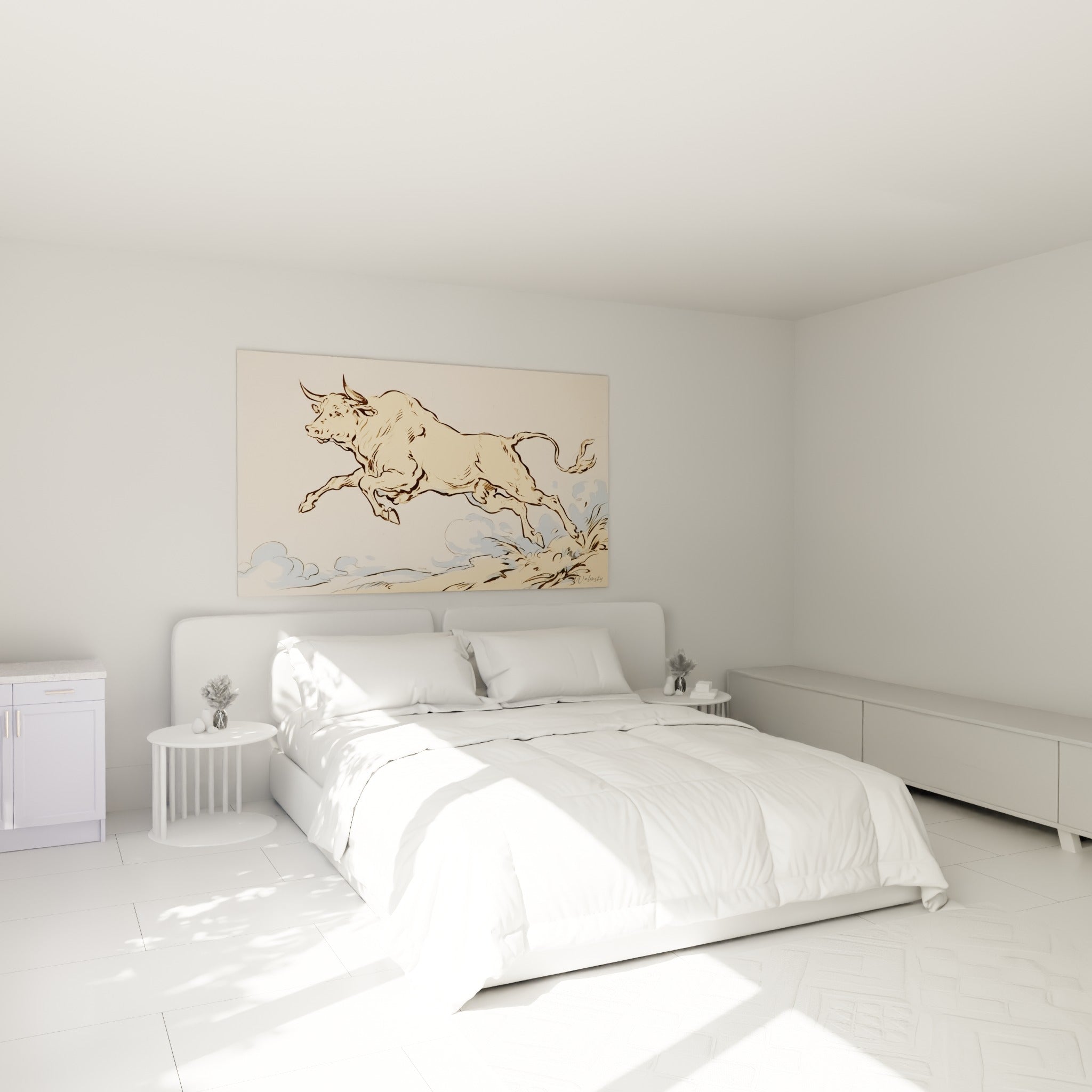 Silhouette de taureau ocre en plein saut, traits noirs graphiques, au-dessus d'un lit dans une chambre claire