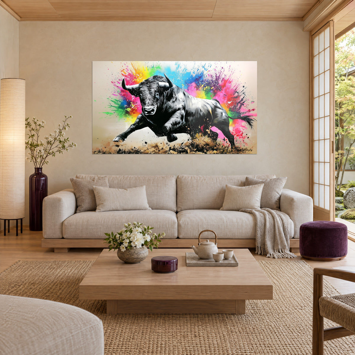 Gemälde Schwarz-weißer Stier im Galopp in rosa und blauen Regenbogenspritzern, über einem Sofa in einem hellen Wohnzimmer
