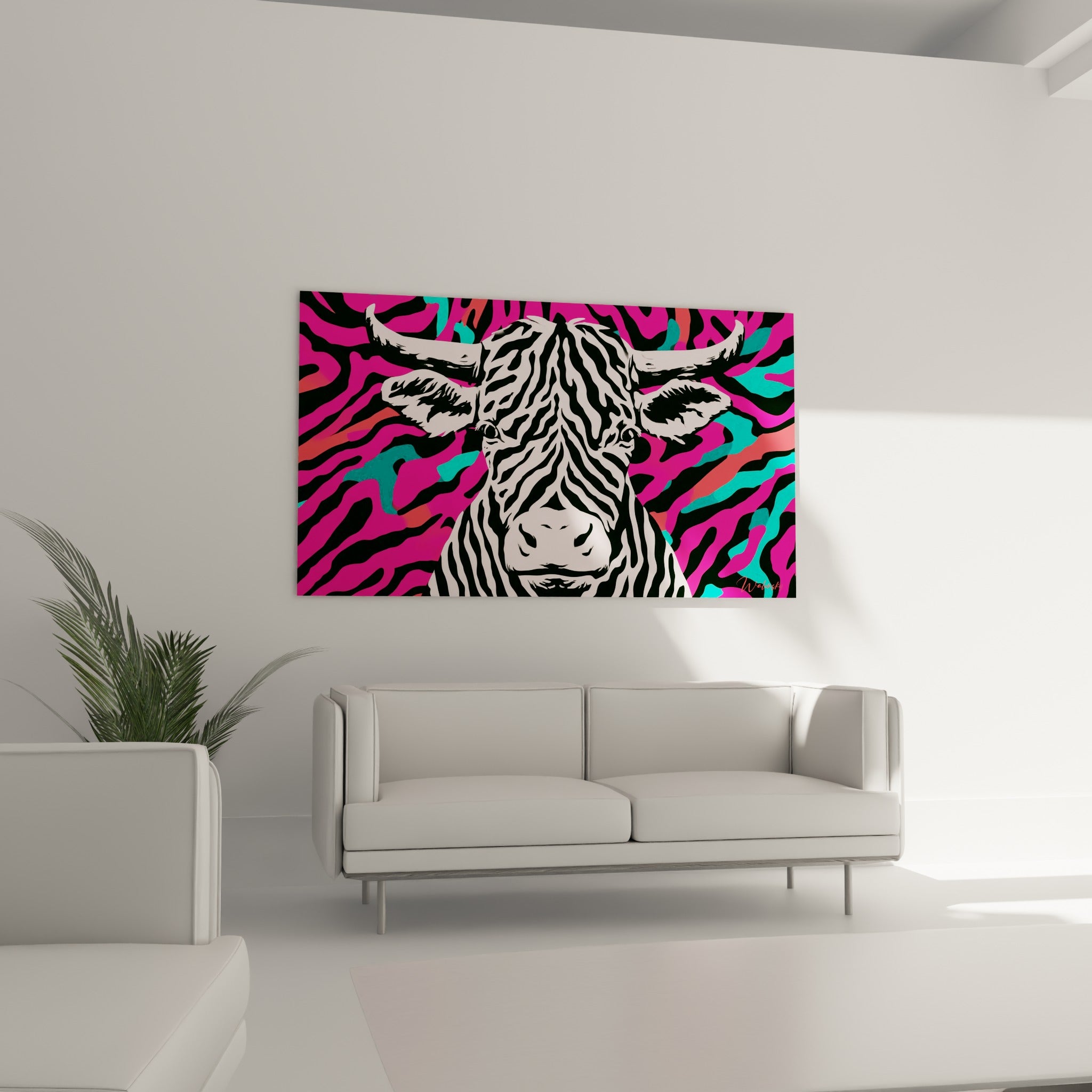 Cornes et regard du taureau graphique en rose fuchsia au-dessus d'un canapé dans un salon lumineux