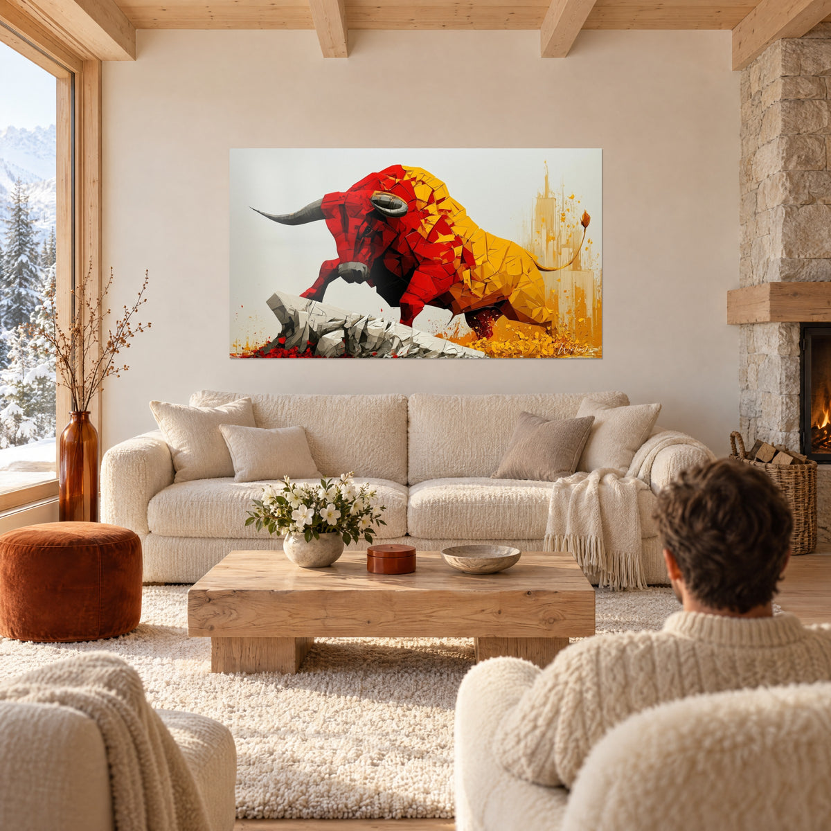 Gemälde Stier aus roten und goldenen geometrischen Splittern, der einen grauen Felsen angreift, zwei Personen von hinten über einem Sofa in einem hellen Wohnzimmer