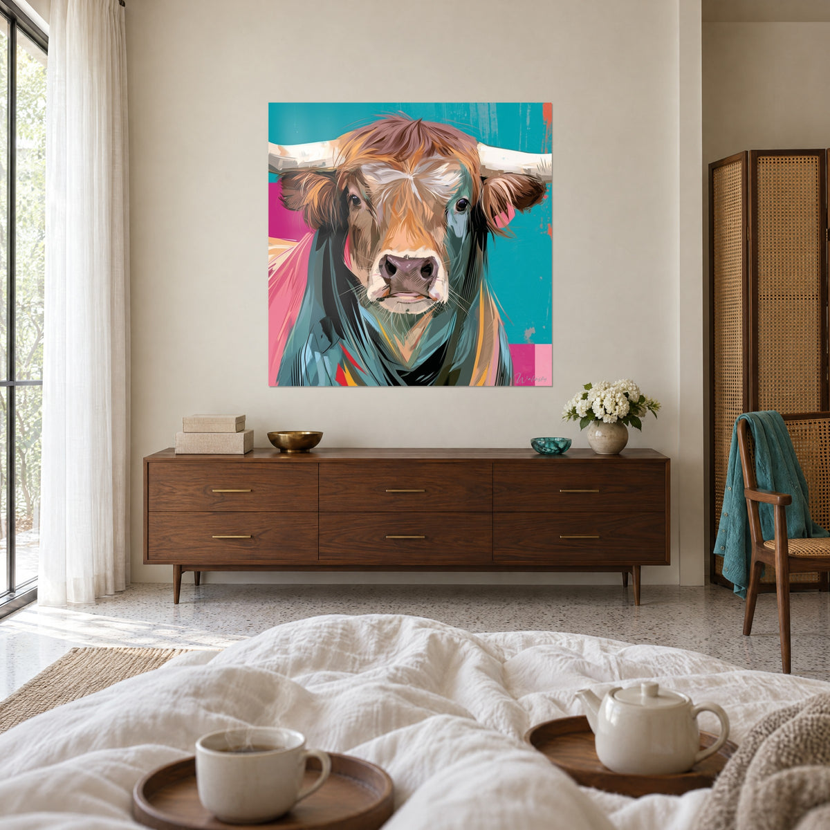 Gemälde gehörntes Tier mit dunklem Blick, orangefarbenes Fell und entenblauer Hintergrund, gegenüber einem Mädchen von hinten, über einem Bett in einem hellen Zimmer