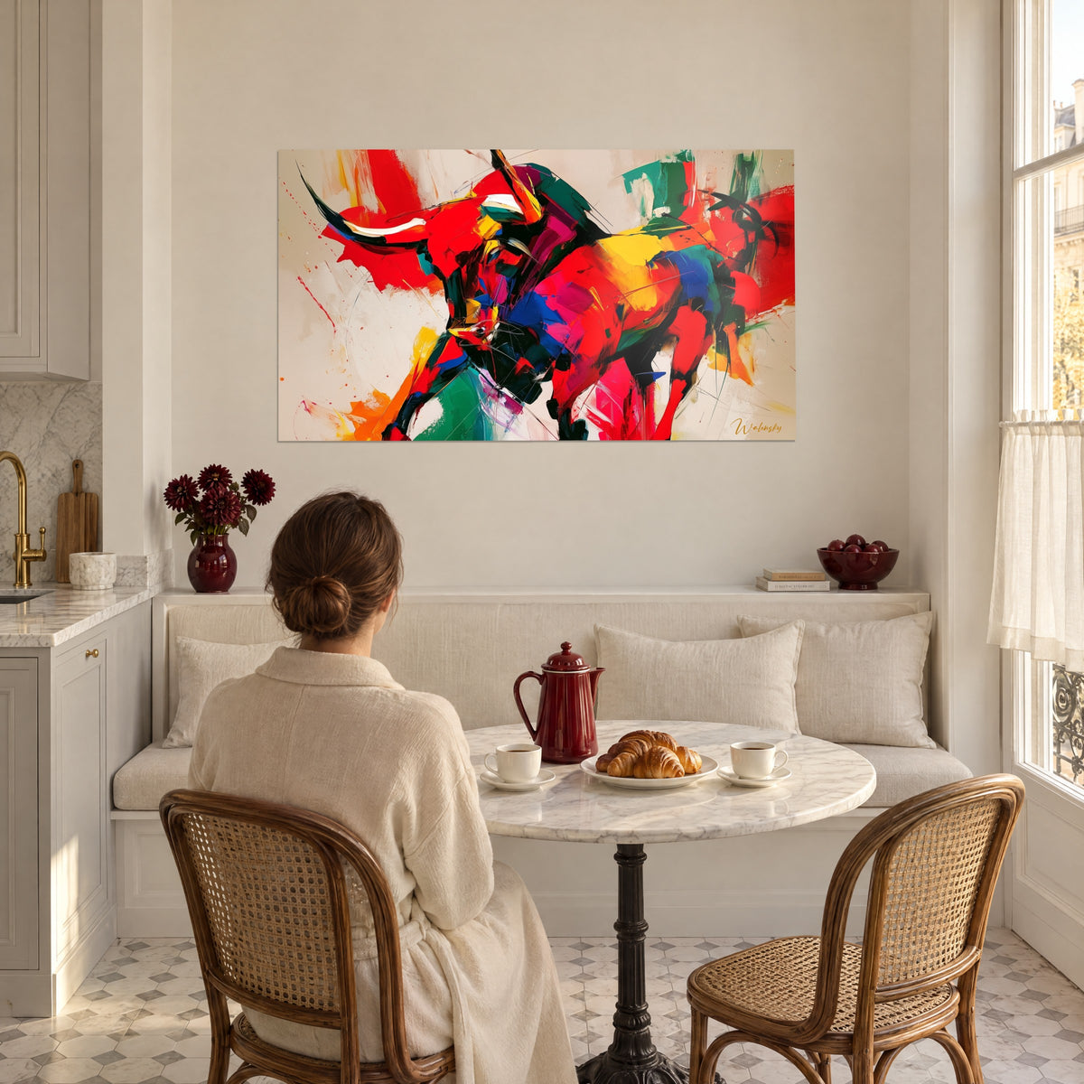Tableau bouvillon abstrait aux cornes blanches, rouge flamboyant, bleu cobalt et vert, accroché dans un coin repas d'appartement parisien