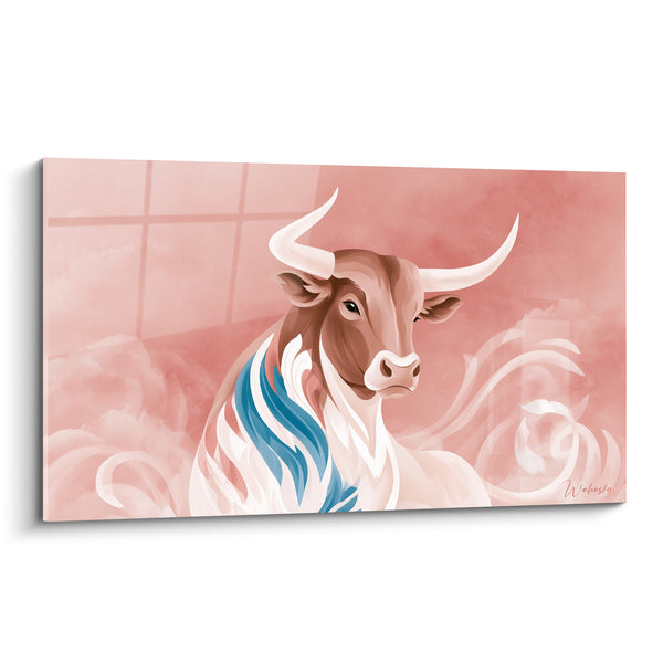 Tableau Taureau aux longues cornes ivoire et bleu - Présence mystique - Edition Taureau