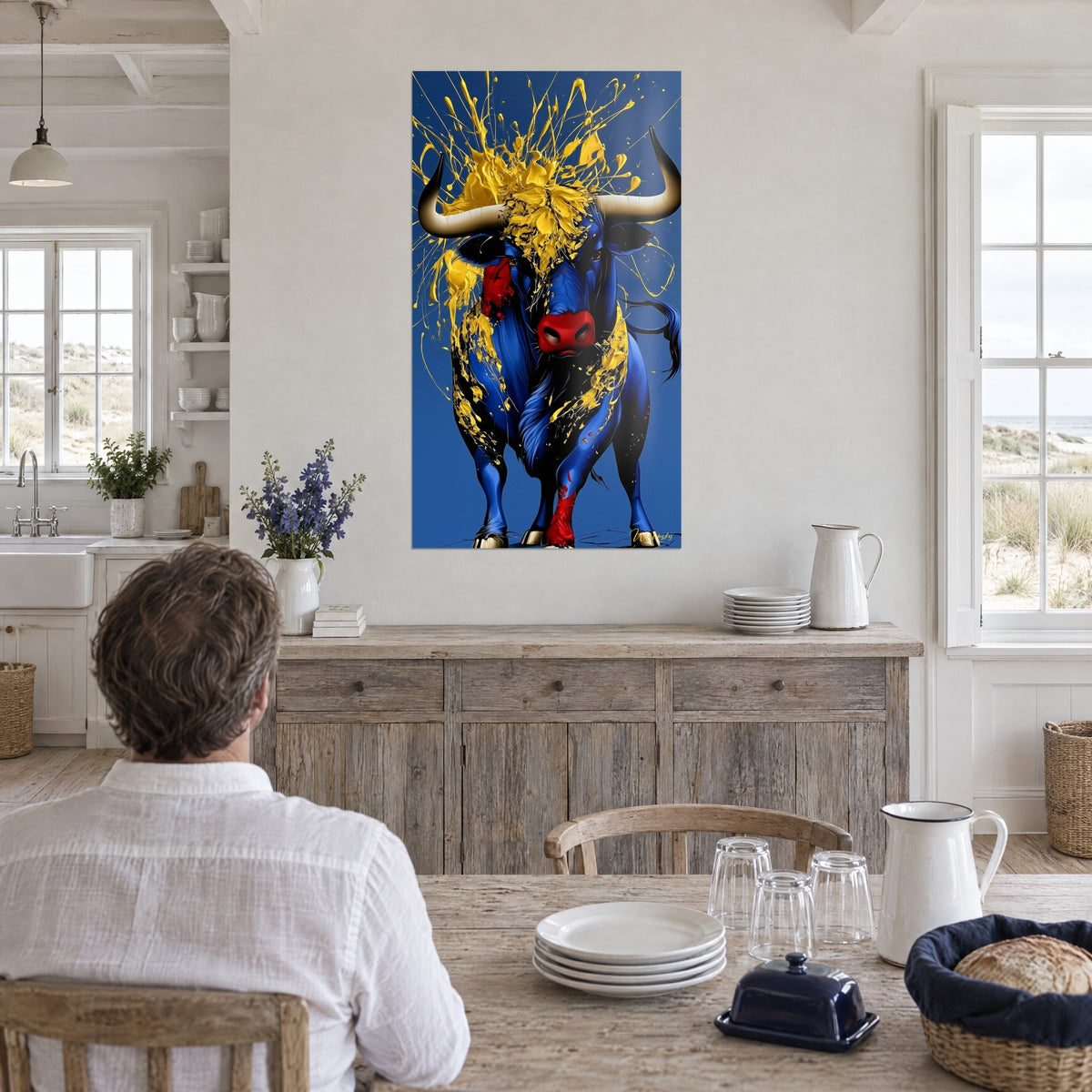 Schilderij van een gestileerde stierenvechter-stier, fel geel op een ultramarijnblauwe achtergrond, tegenover een eettafel bij de zee