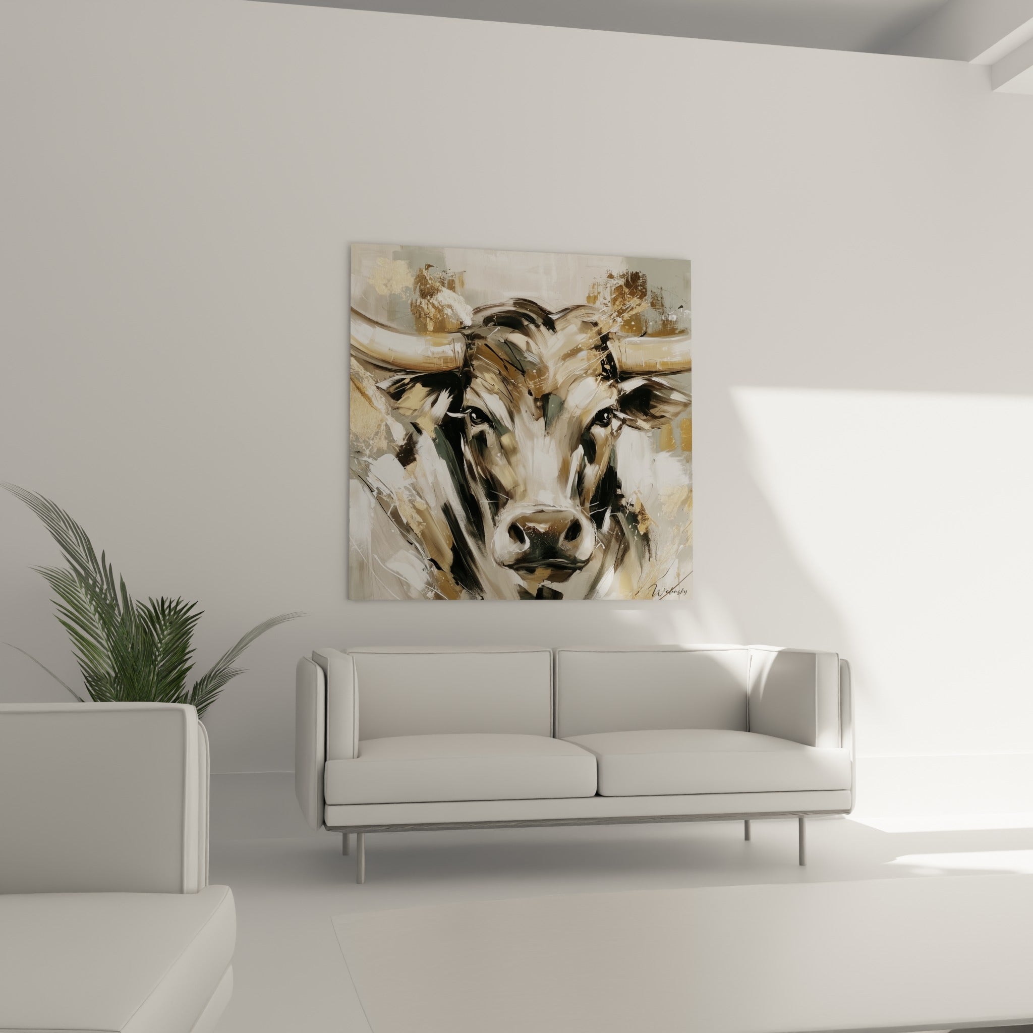 Cornes majestueuses beige et blanc du taureau doré, suspendues au-dessus d'un canapé dans un salon lumineux