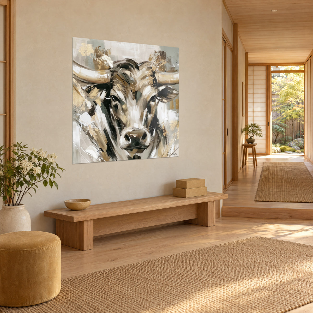 Quadro bufalo massiccio di fronte a noi, muso grigio antracite e pennellate dorate, parete beige accanto a una panca in legno chiaro