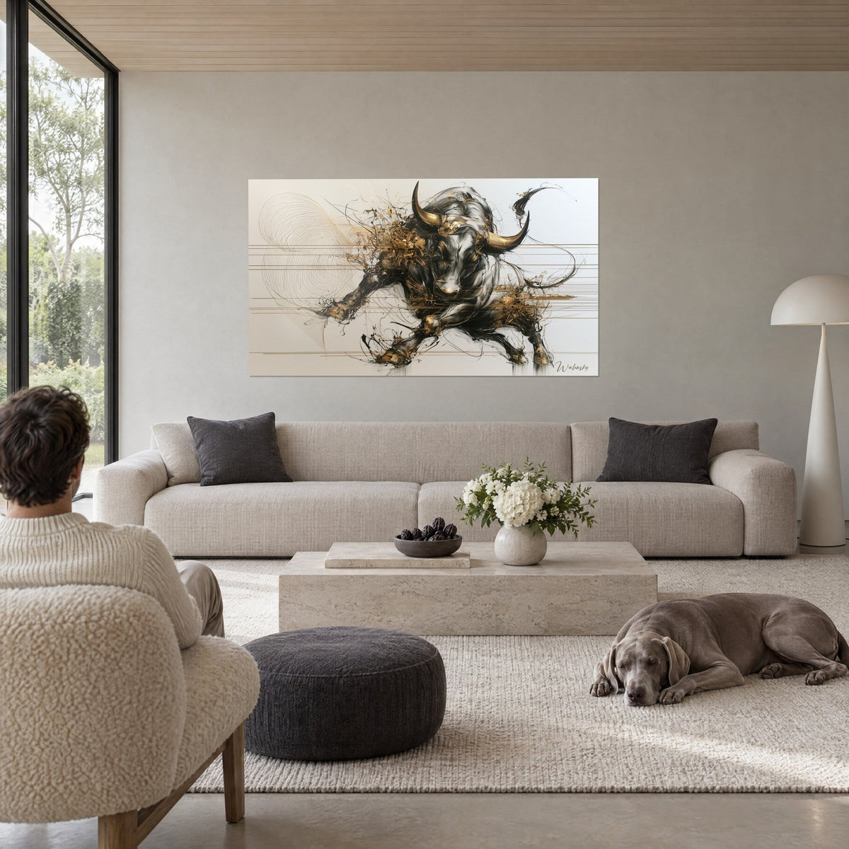 Gemälde eines schwarzen Stiers im Angriff, goldene Hörner und feine Linien, über einem Sofa in einem hellen Wohnzimmer