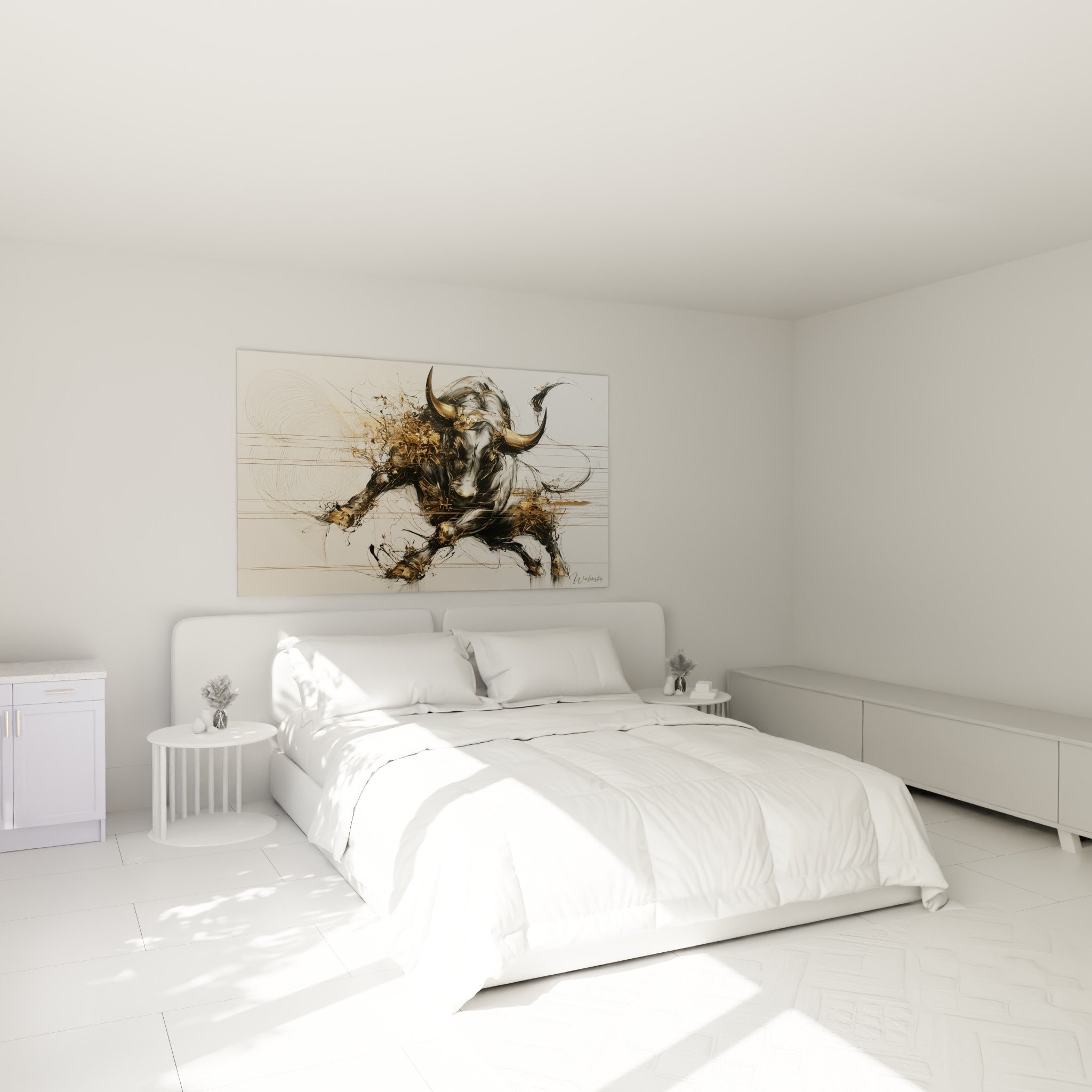 Charge animale dorée et anthracite au-dessus d'un lit dans une chambre claire