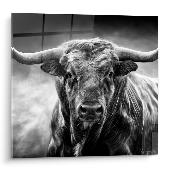 Tableau Longhorn noir et blanc au pelage strié - Regard fixe et brumeux - Edition Taureau