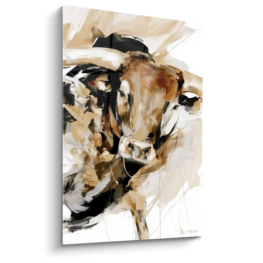 Tableau Longhorn beige et noir aux traits balayés - Fond blanc épuré - Edition Taureau