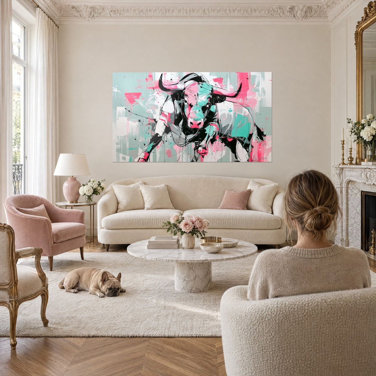 Quadro toro stilizzato rosa e menta, corna nere affilate, sfondo grigio a righe, sopra un divano in un soggiorno luminoso