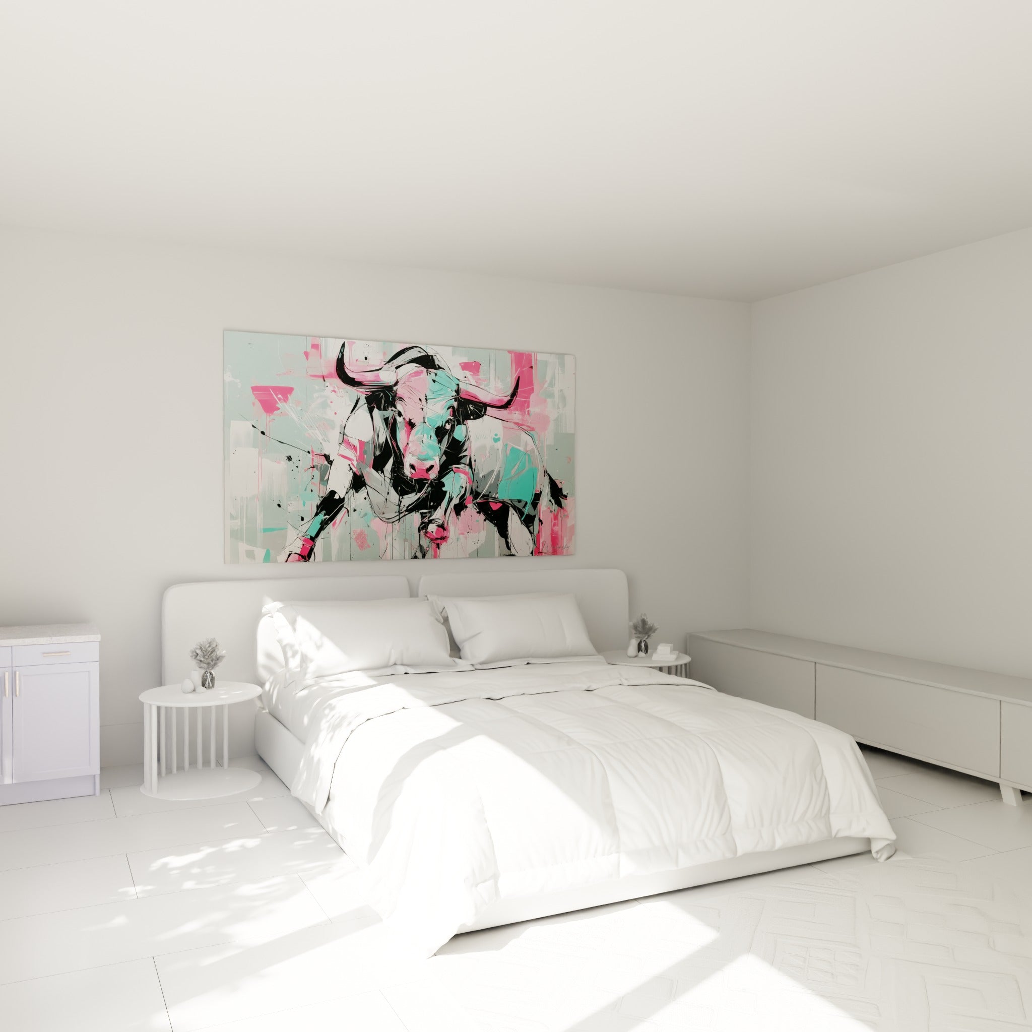 Taureau graphique rose et menthe, cornes noires imposantes, au-dessus d'un lit dans une chambre claire