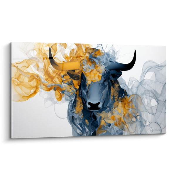 Tableau Taureau gris et ambre aux volutes fumantes - Fond blanc immaculé - Edition Taureau