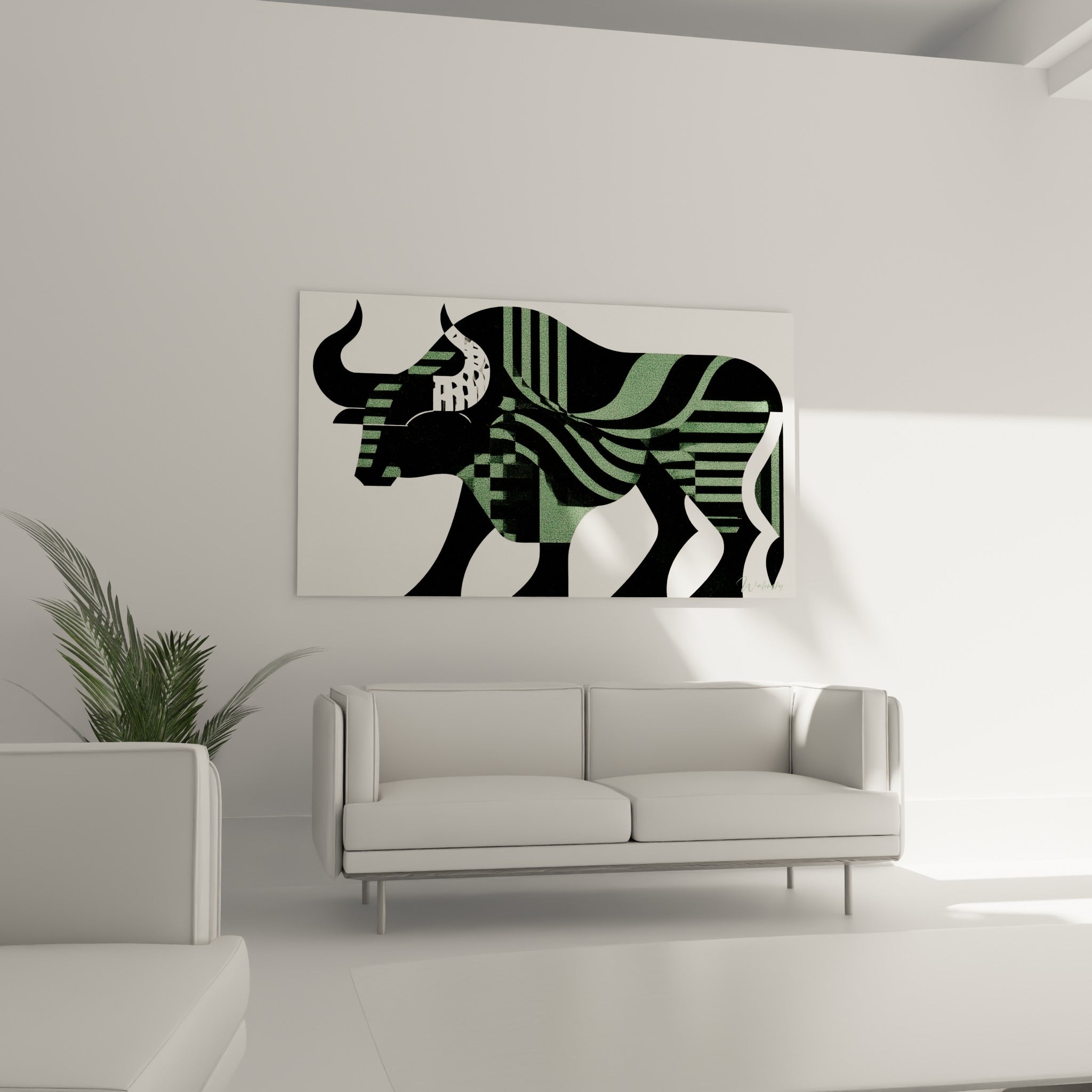 Cornes noires et flancs vert sauge du taureau stylisé, au-dessus d'un canapé dans un salon lumineux