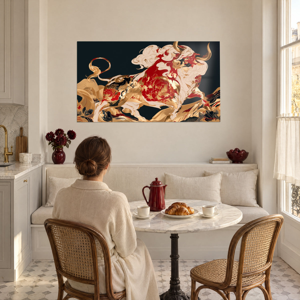 Wall art bull chiselled in gold and red, looped tail and dark flowers, facing a woman seated at a table in a sunny kitchen