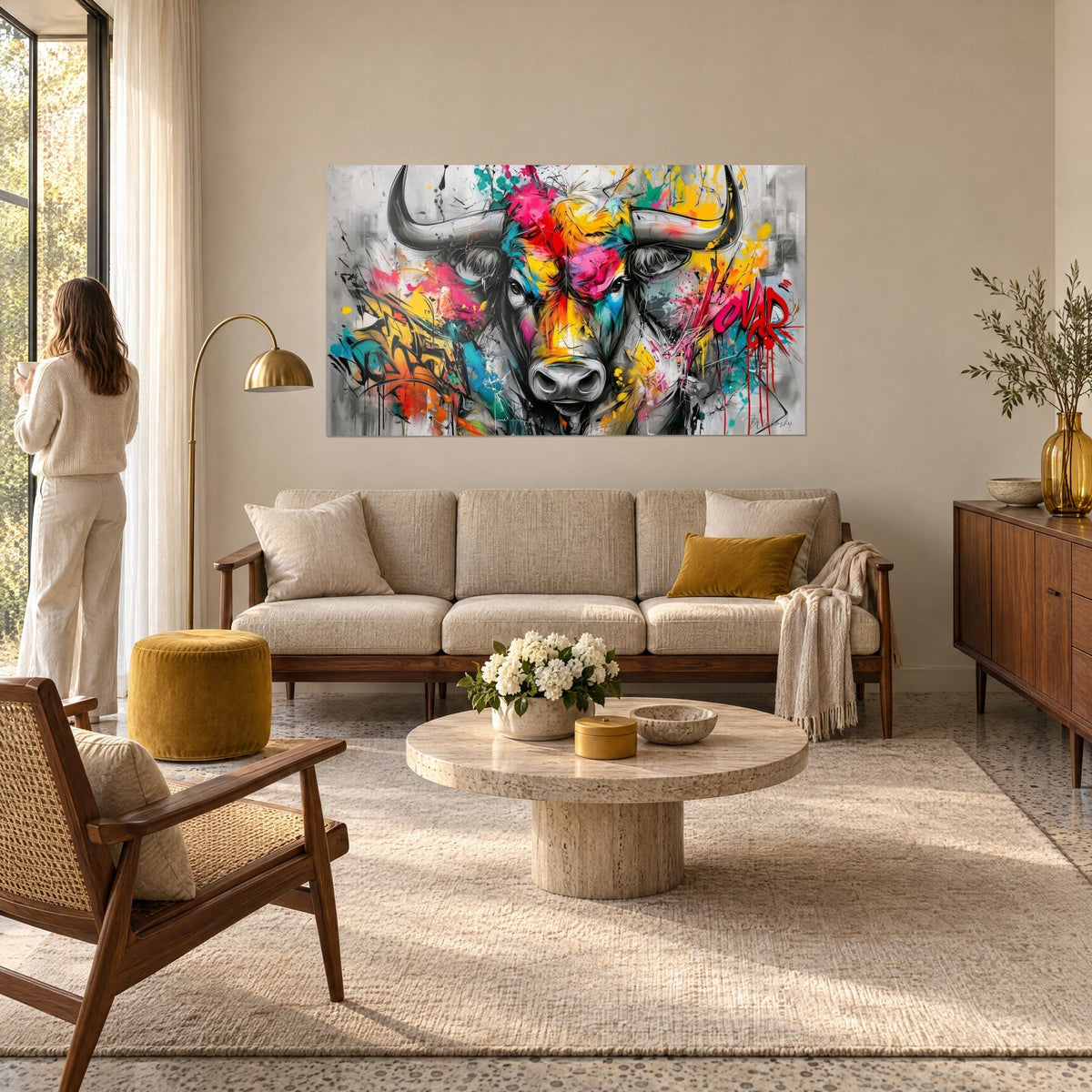 Quadro toro grigio punteggiato di schizzi rosa e gialli, corna nere ricurve, sopra un divano in un soggiorno luminoso