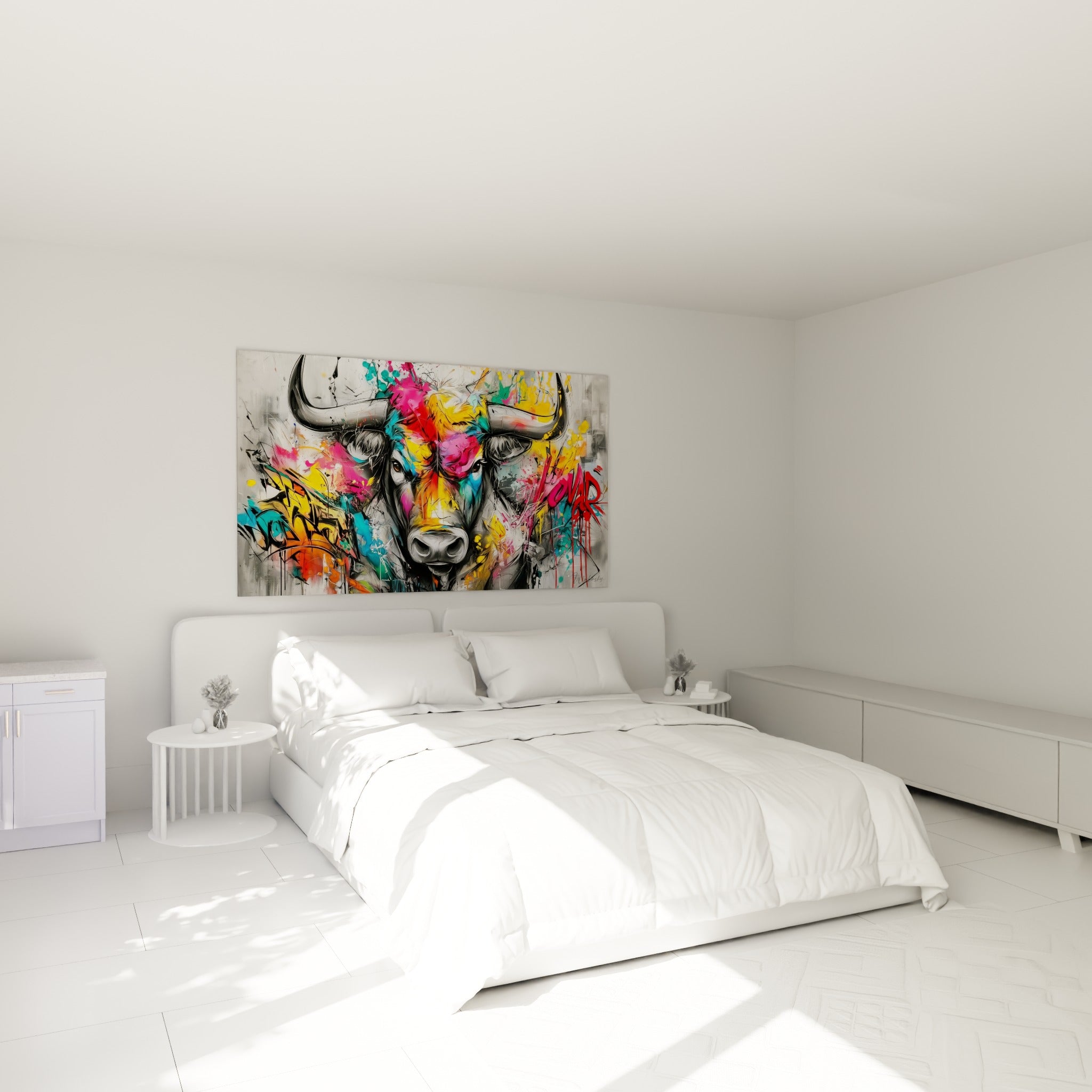 Taureau gris aux cornes larges, taches turquoise et fuchsia, au-dessus d'un lit dans une chambre claire