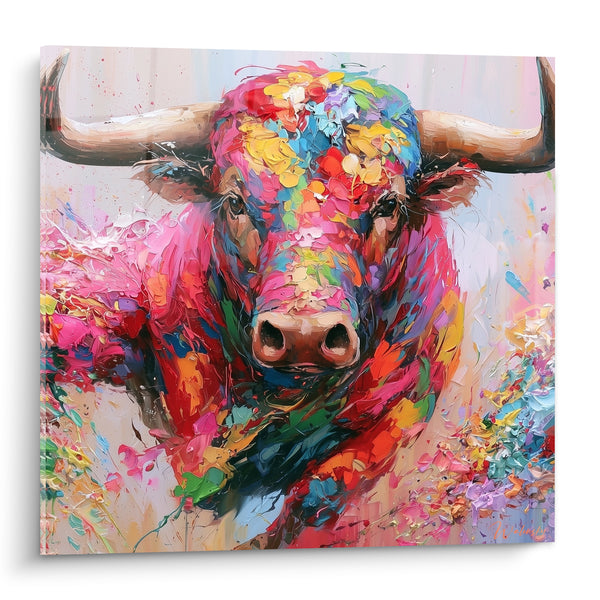 Tableau Longhorn rose et turquoise au museau balafré - Éclats de couleurs vives - Edition Taureau
