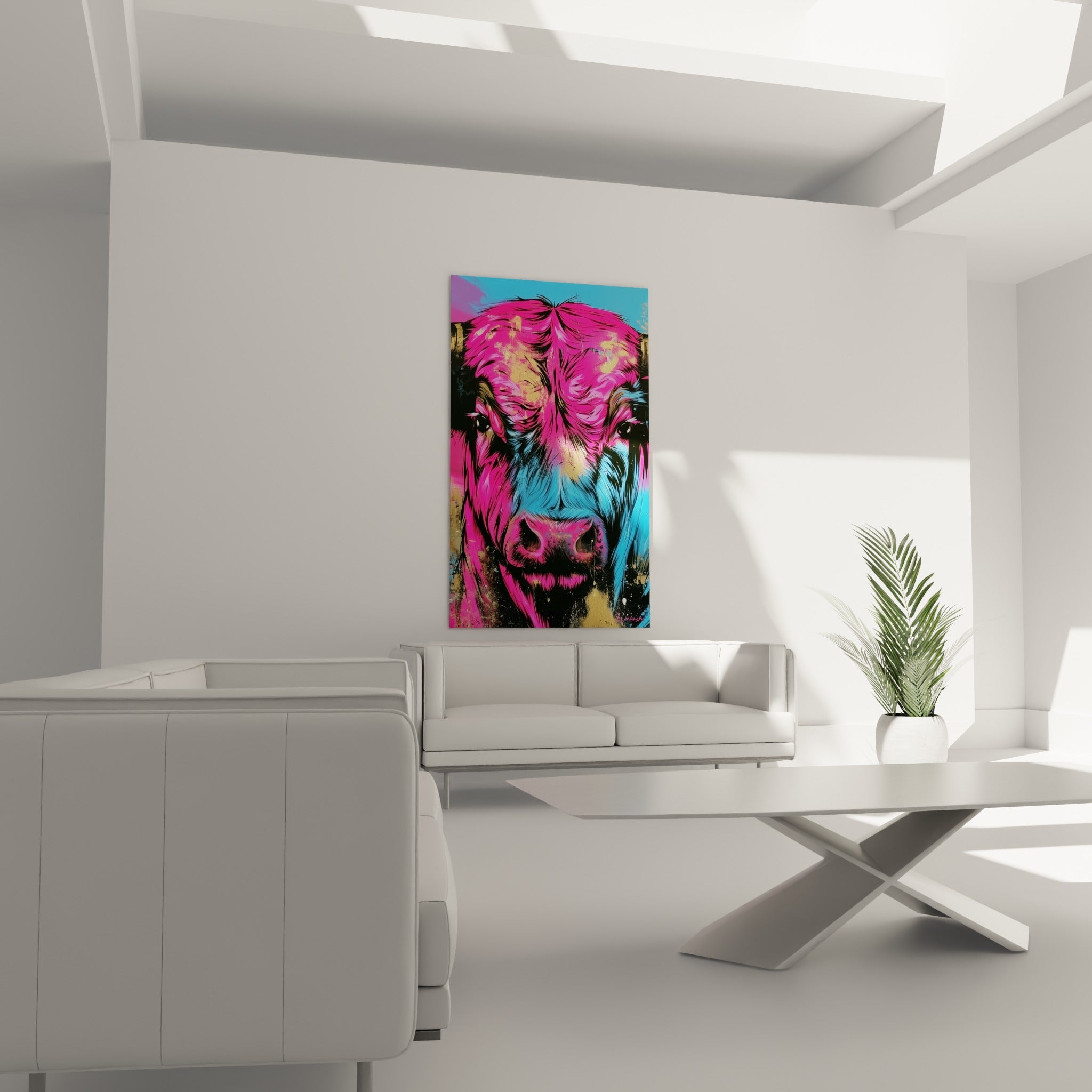 Museau noir et cornes roses du taureau, éclaboussures dorées, au-dessus d'un canapé dans un salon lumineux
