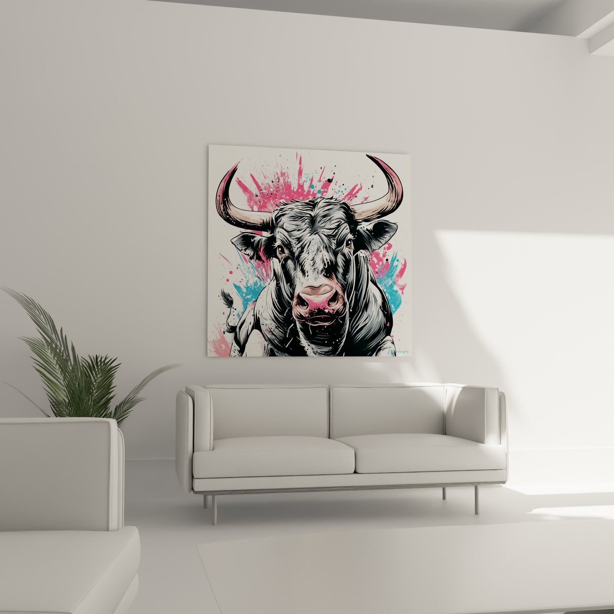 Cornes recourbées et pelage anthracite du taureau, au-dessus d'un canapé dans un salon lumineux